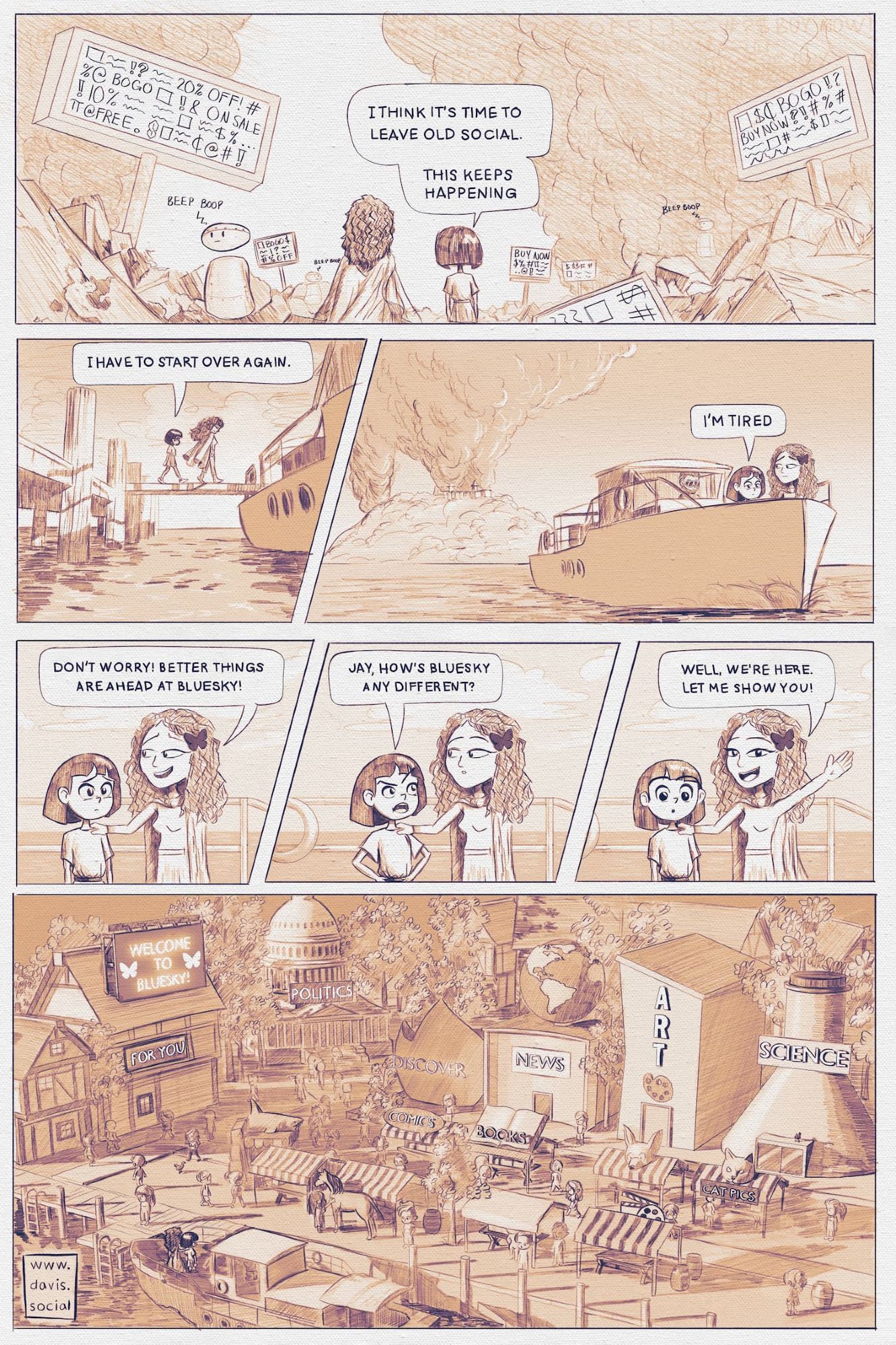 A multi-panel comic. Two characters stand amidst a pile of rubble. One says, 'I think it's time to leave old social. This keeps happening. I have to start over again. I'm tired.' The two characters board a boat. Jay says, 'Don't worry! Better things are ahead at Bluesky!' They arrive to a beautiful, festive area that has buildings labeled News, Discover, Art, Science, and more.