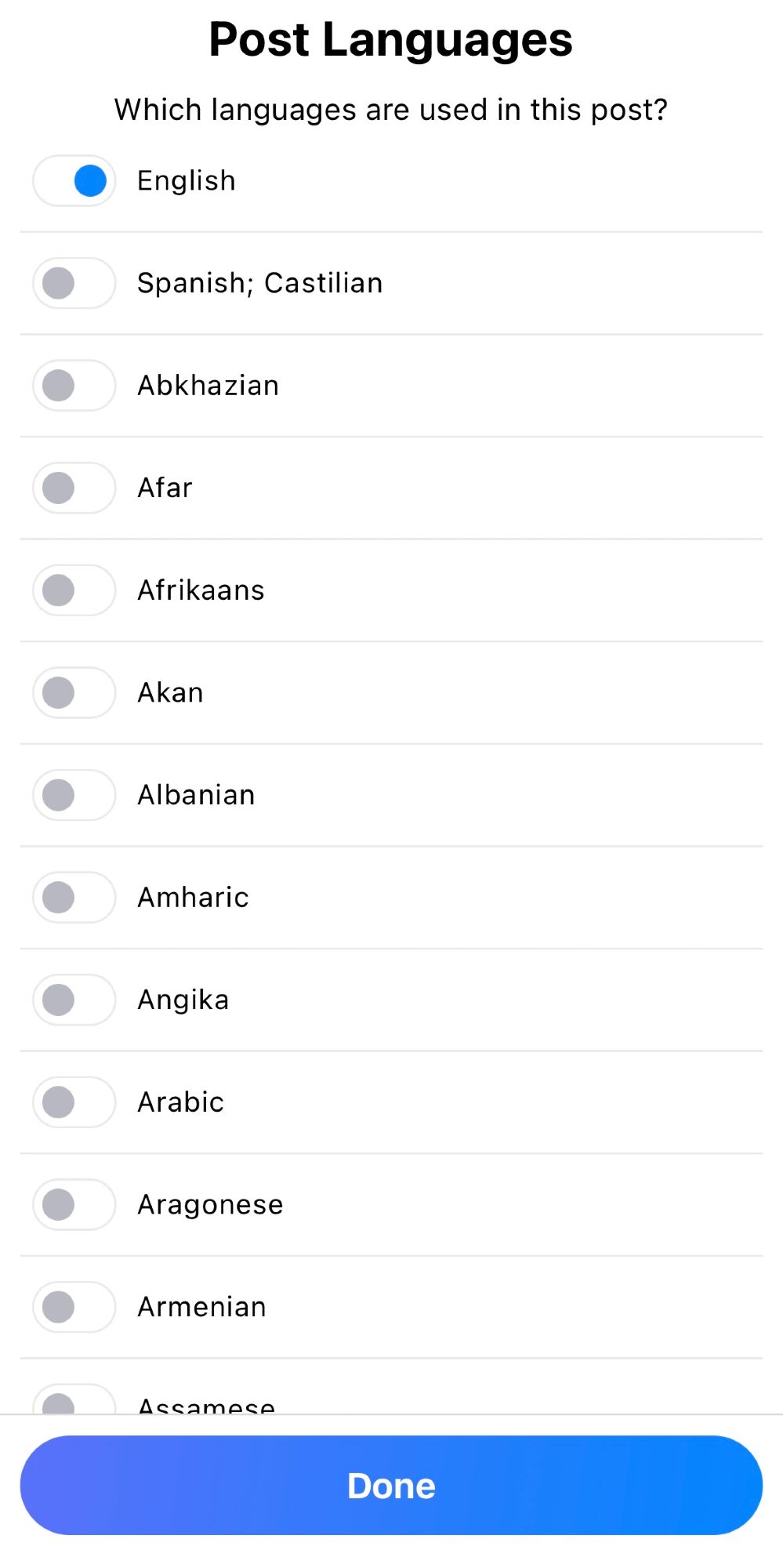 A screenshot of the post languages screen. It asks, “Which languages are used in this post? The toggle for English is on, and many other languages are listed alphabetically below.