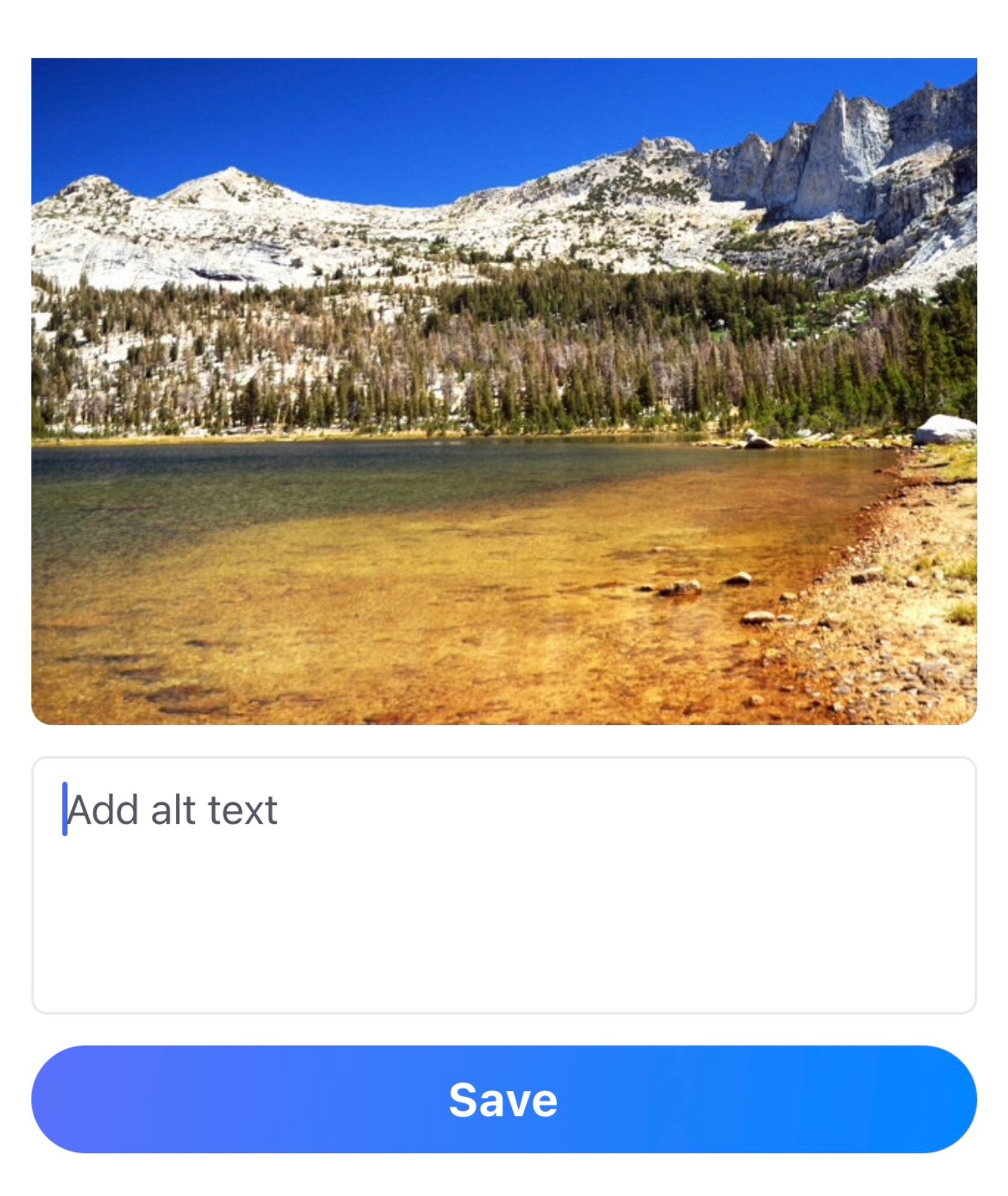 A screenshot of the screen to add alt text. An image of a lake with mountains in the background fills the top half of the screen. On the bottom half, there is a text field that prompts users: “Add alt text.”