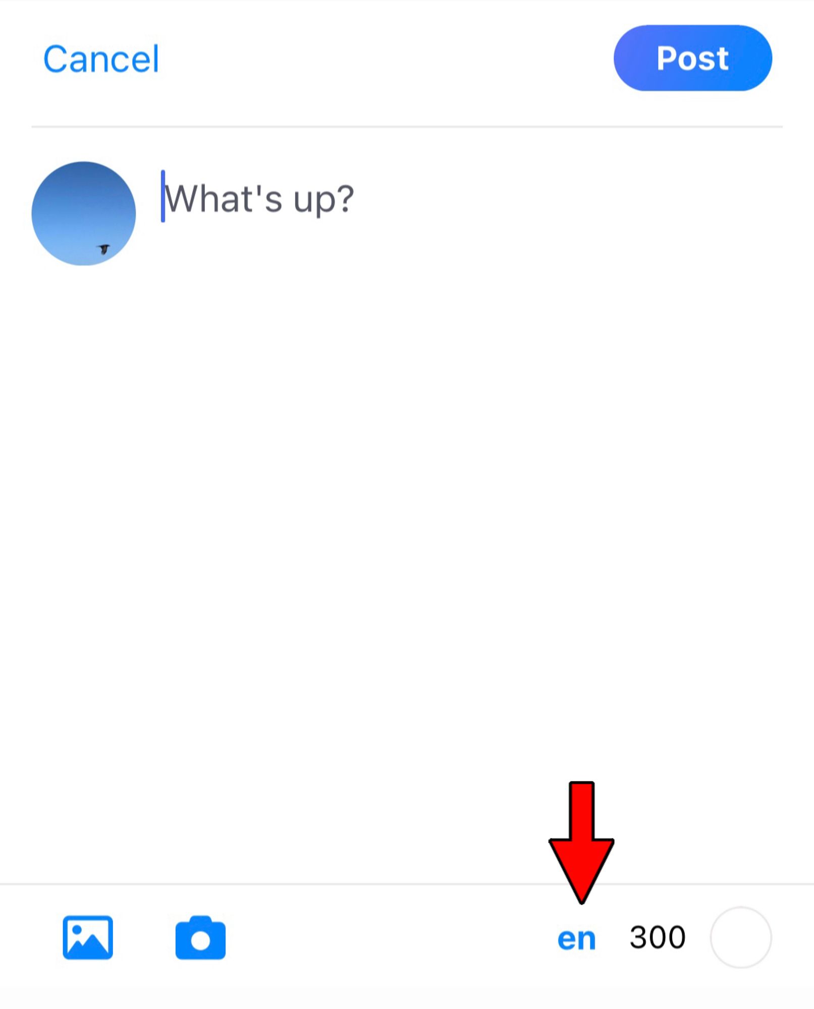 A screenshot of the post compose screen. The language button, which says “en” for English, is highlighted with a red arrow.