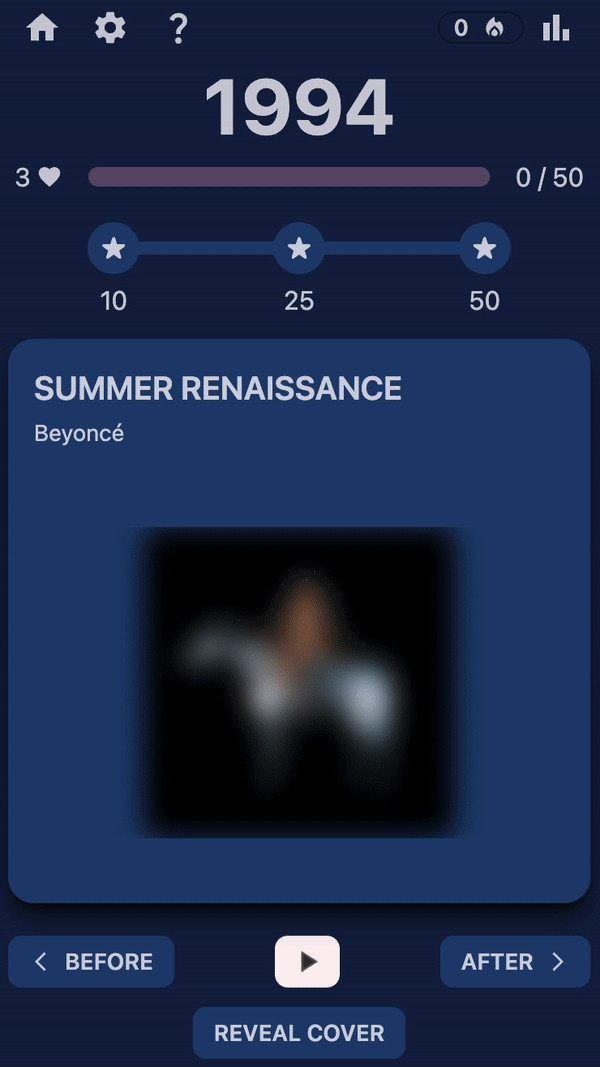 Songswipe UI screenshot with album cover blurried