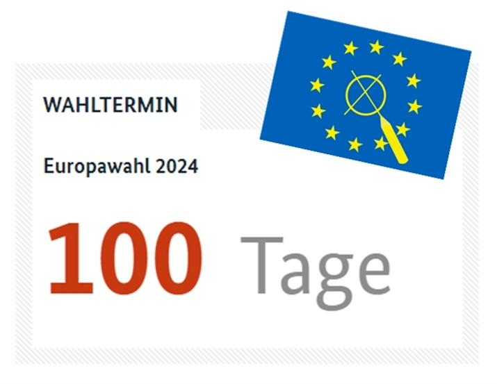 Wahltermin Europawahl 2024 100 Tage.
Europaflagge mit Stift und Kreuz.