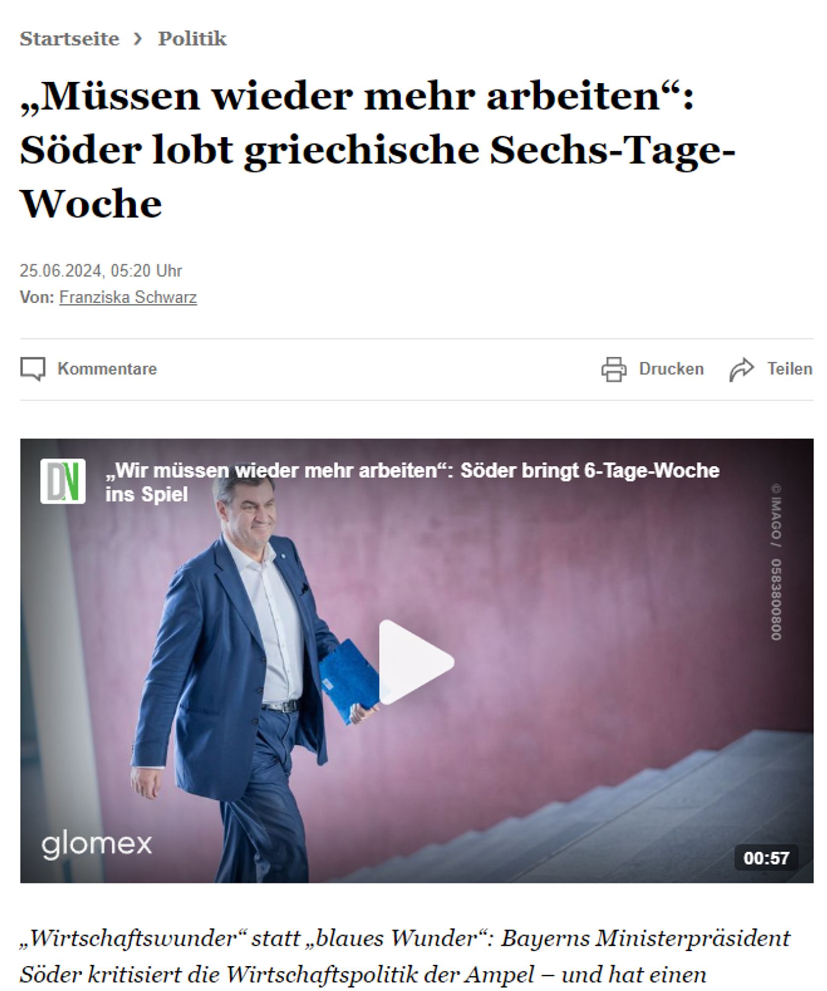 Söder sagt "Wir müssen wieder mehr arbeiten" und lobt die Sechs-Tage-Woche