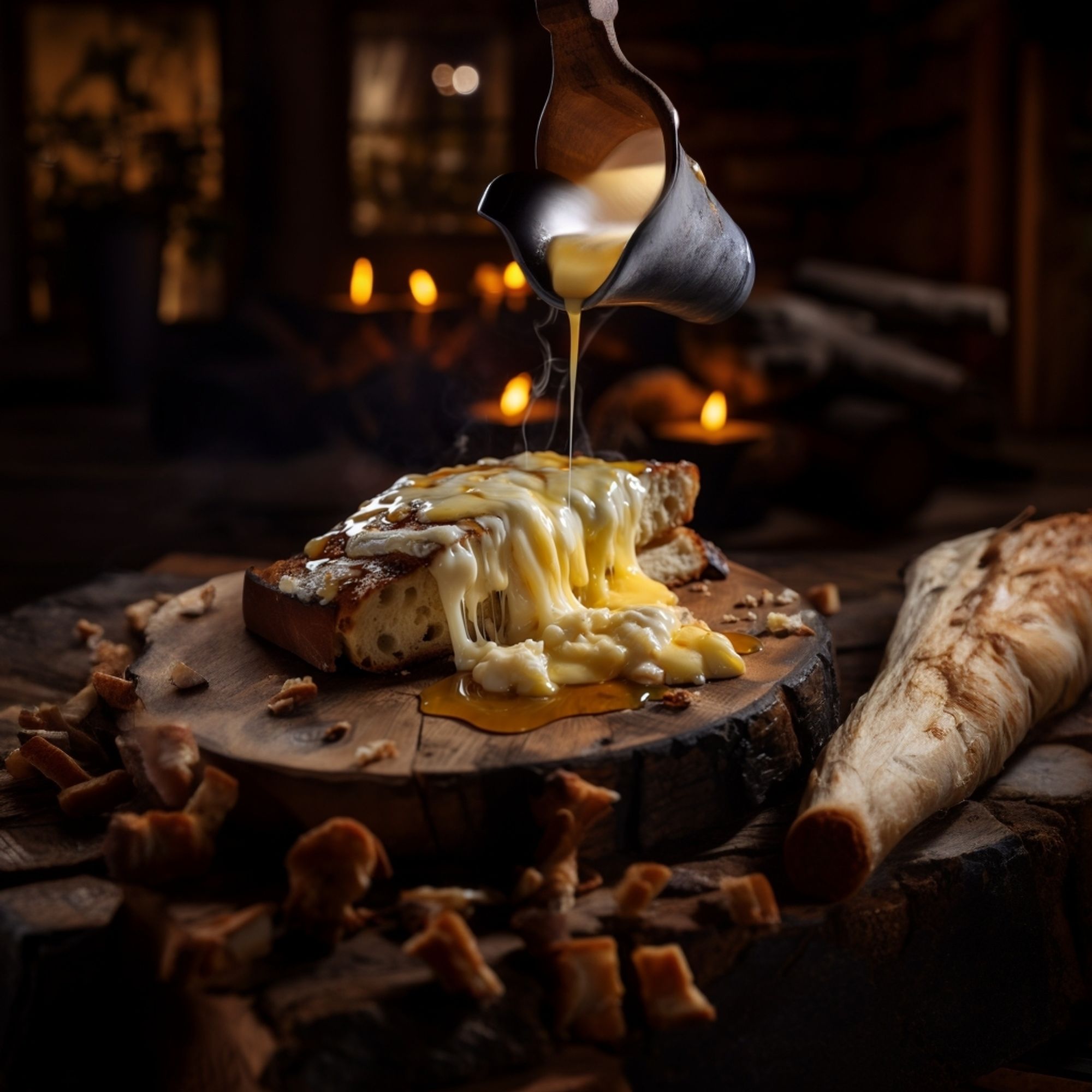 an extreme closeup shot of melted cheese, food photography, cozy atmosphere, evening, interior shot, mountain cabin