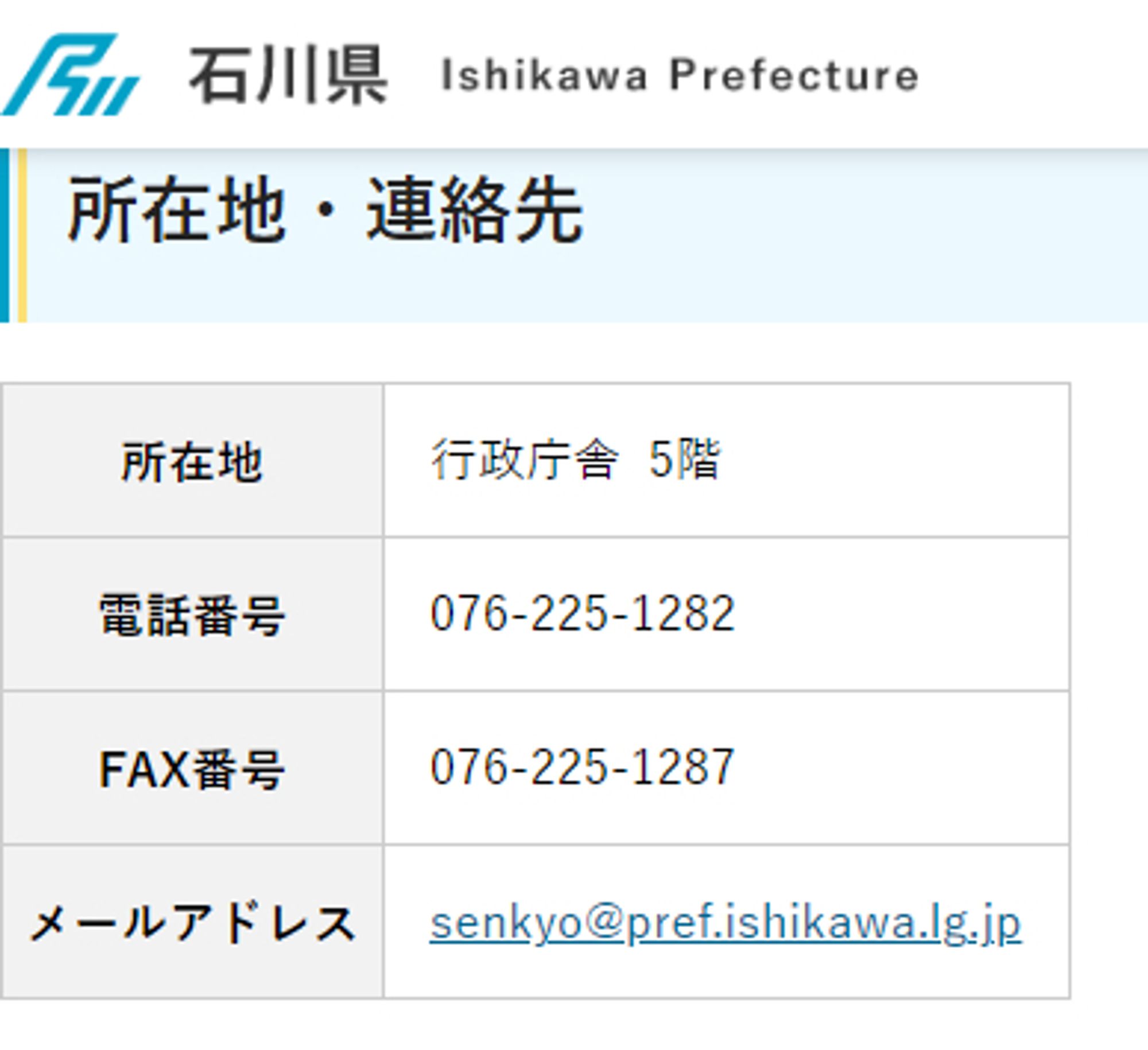 石川県選挙管理委員会のホームページの画像。所在地、連絡先の記載があります。電話は　076-225-1282、FAX番号は　076-225-1287、メールアドレスはsenkyo@pref.ishikawa.lg.jp　石川県選挙管理委員会所在地　石川県金沢市鞍月1丁目1番地