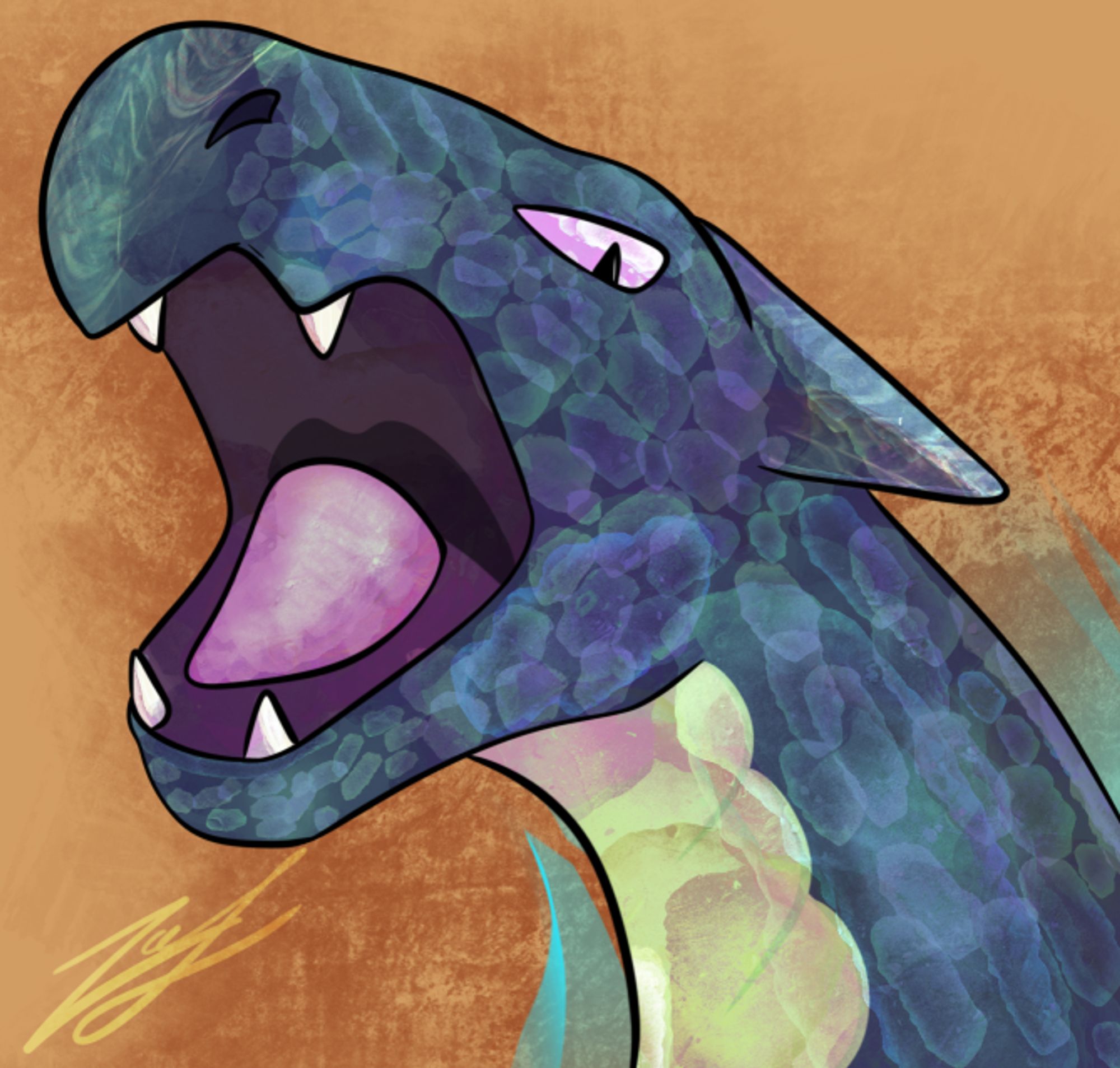 Headshot of a dragon in a style similar to the OG Pokemon art, with some funky experimental coloring.