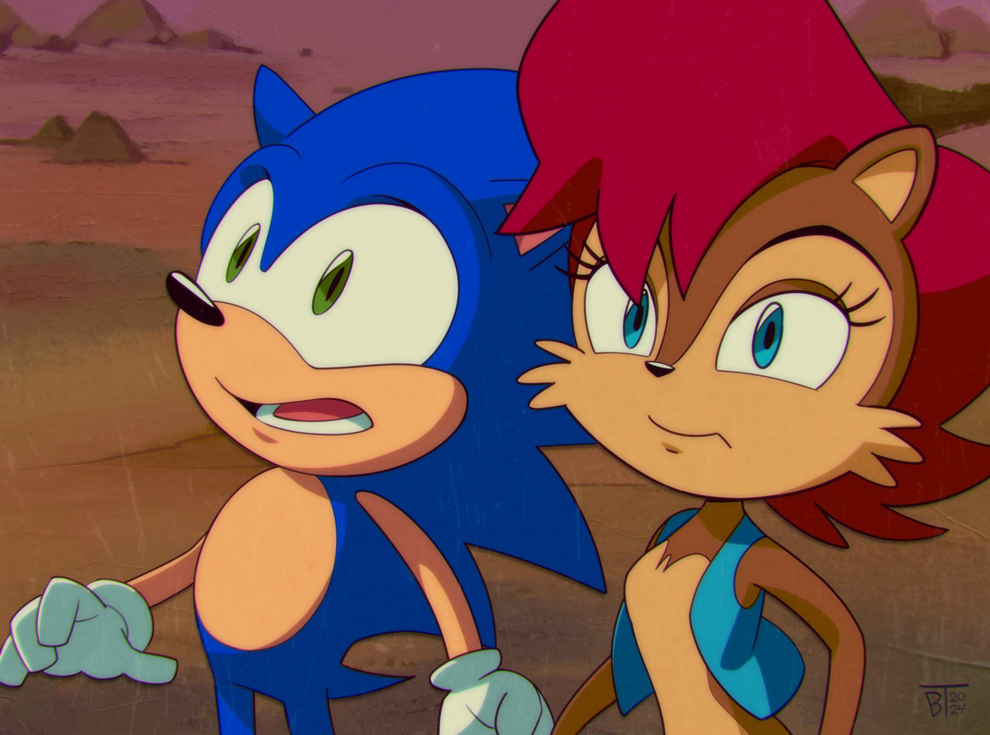 The same screenshot of Sonic and Sally, redrawn and rendered to look like an old animation cel.