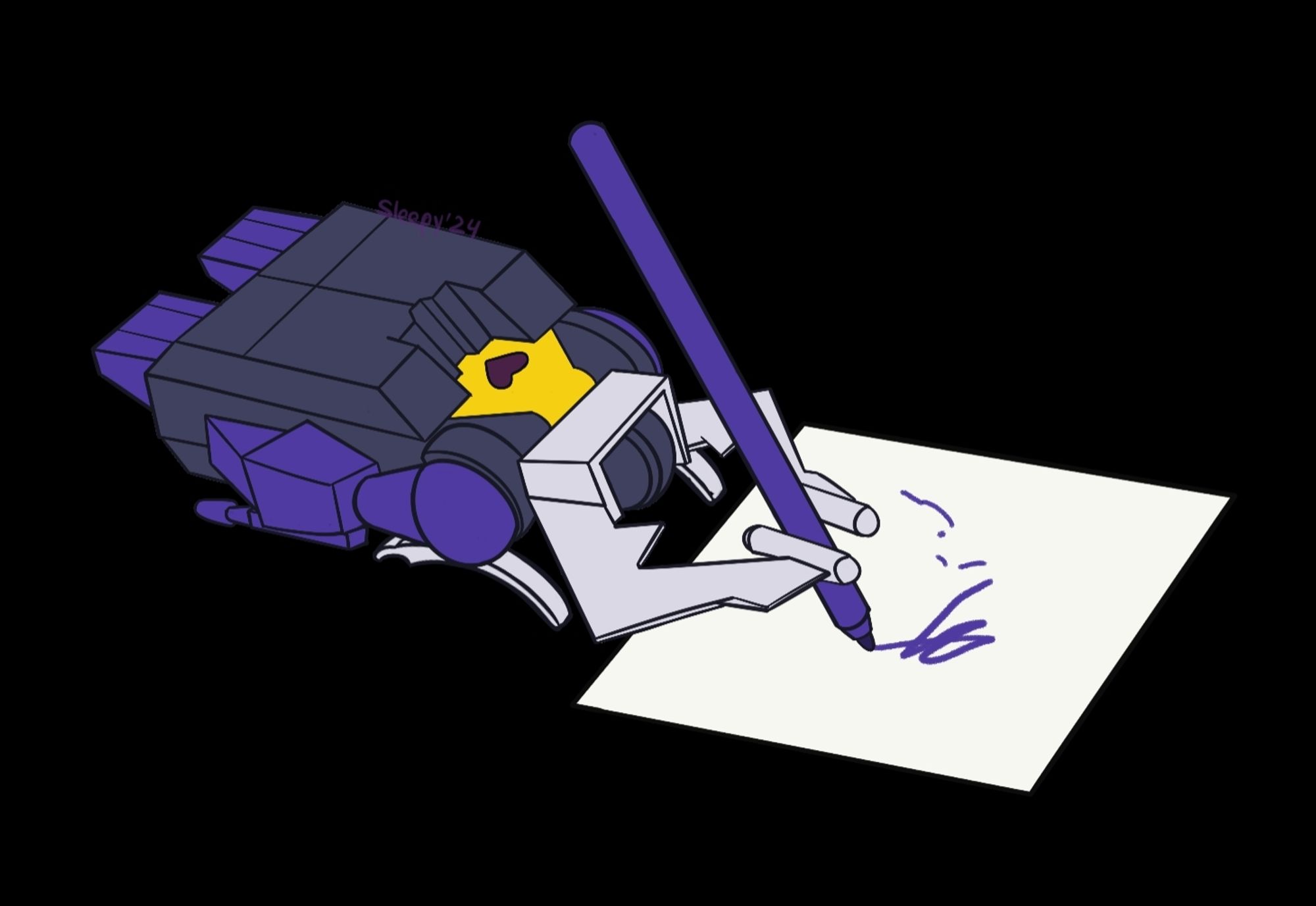 A fan drawing of Shrapnel from Transformers in bug mode, holding a purple pen and making art on a square piece of paper