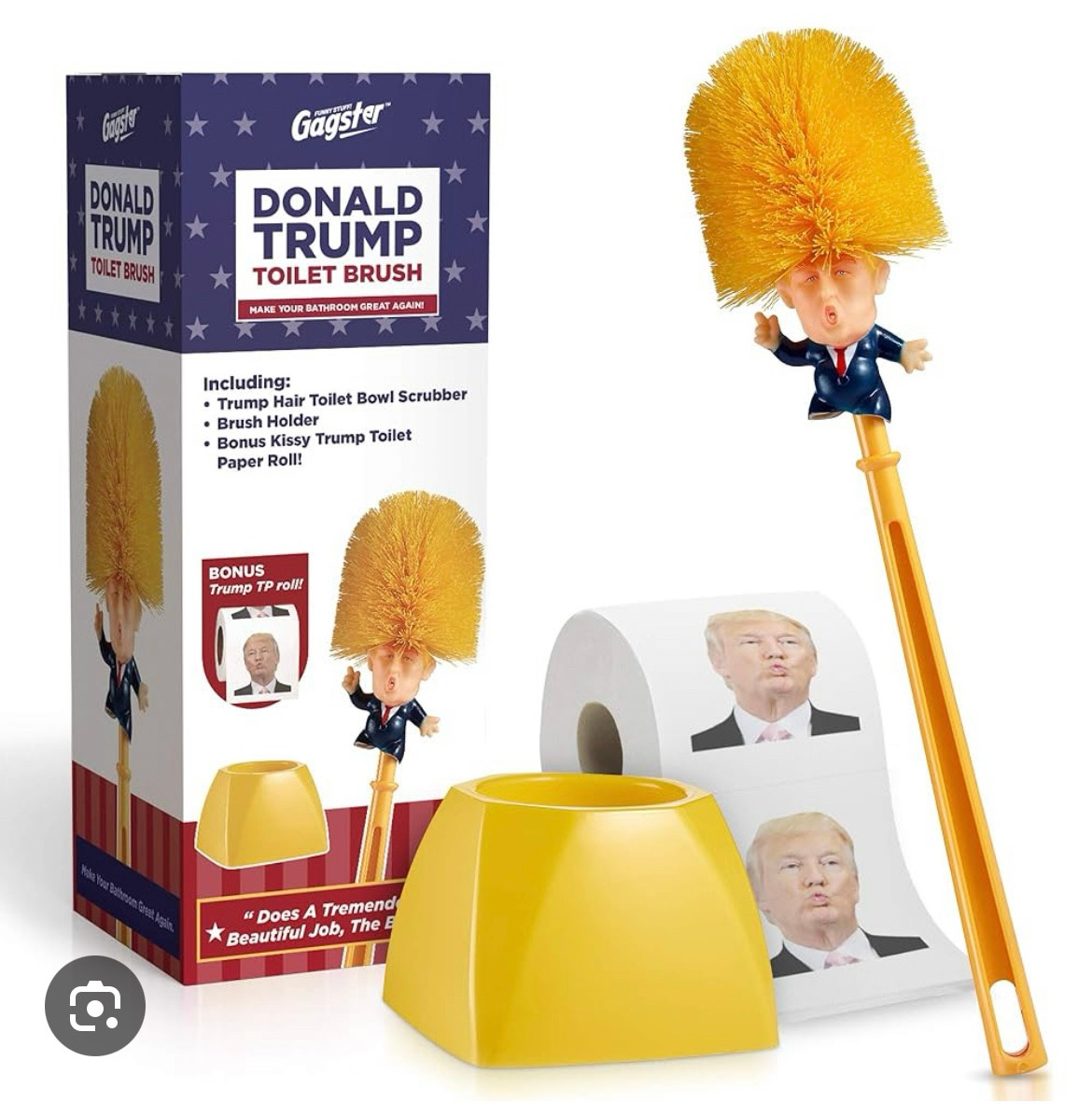 A toilet brush in the shape of Donald Trump with Donald Trump toilet paper. 