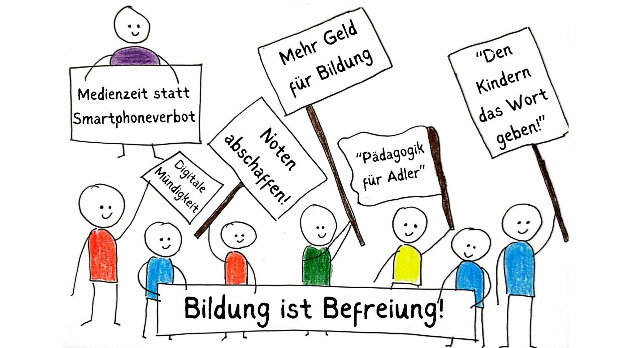 Eine Demo mit mehreren, bunten Strichmännchen, die Transpis und Banner halten mit Bildung ist Befreiung, Noten abschaffen, digitale Mündigkeit, Medienzit statt Smartphoneverbot, Mehr Geld für Bildung, Päödagogik für Adler, den Kindern das Wort geben.