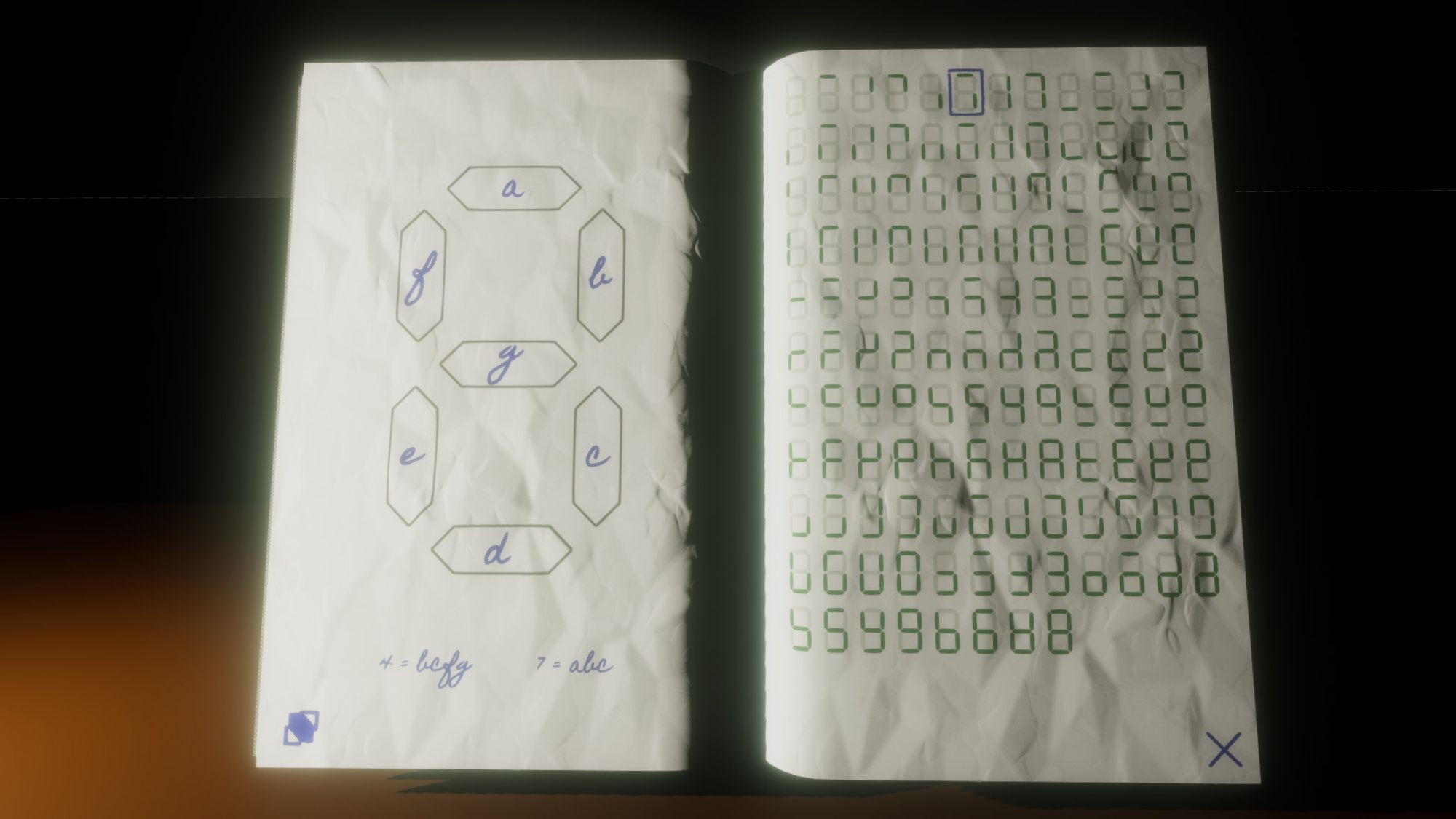 A note book showing some details about a 7-segment display, and all the possible shapes each display can show