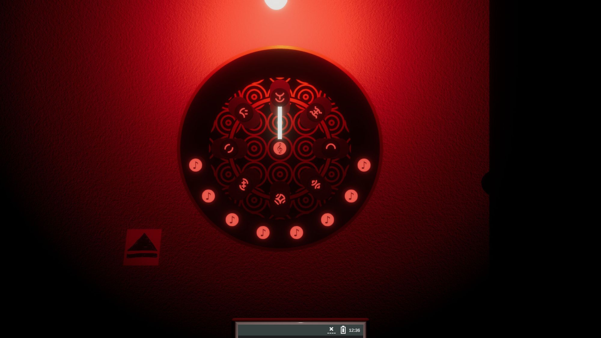 A crimson room with alien symbols showing on a clock-like face, with musical notes on buttons around it.