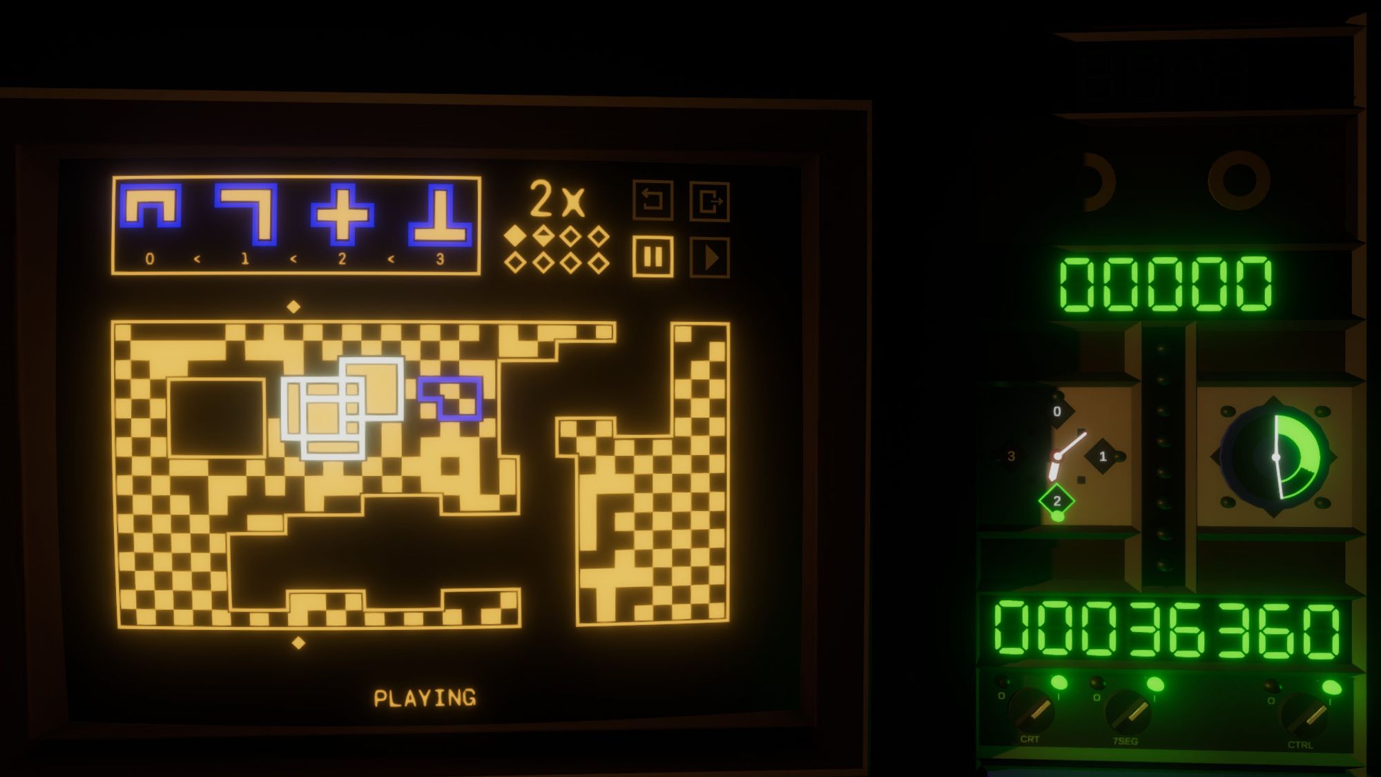 A CRT monitor with a strange looking arcade puzzle game in play on it, seemingly based around pentominoes.