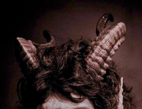 The top of someone's head with dark, curly hair and twisty horns. 