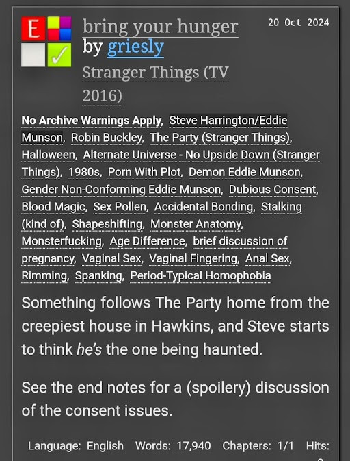 screenshot from AO3 of the title of the fic, "bring your hunger," as well as the tags and the following summary: "Something follows The Party home from the creepiest house in Hawkins, and Steve starts to think he’s the one being haunted."