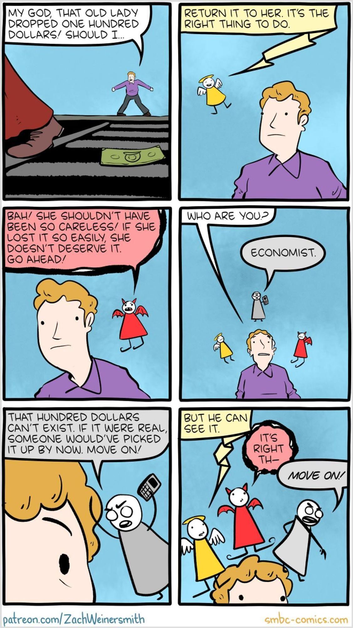 After see a 100 Dollar bill on the street, the economist conscience joins little angel and devil and argues: That 100 Dollars can't exist. If it were real, someone would've picked it up by now. Move on.