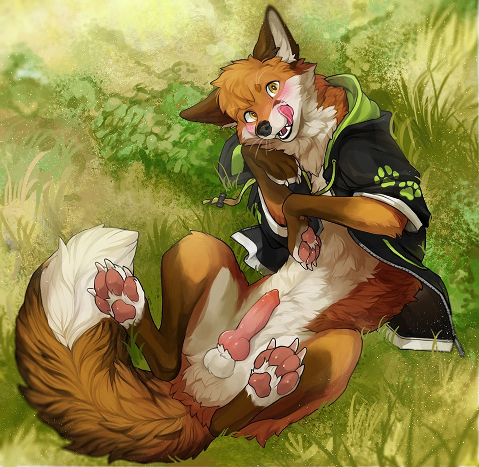 Feral artwork of me as a red fox lying in a grass meadow playfully with a mild alluring expression gazing at the viewer's pov licking my lips and paws up in the air.