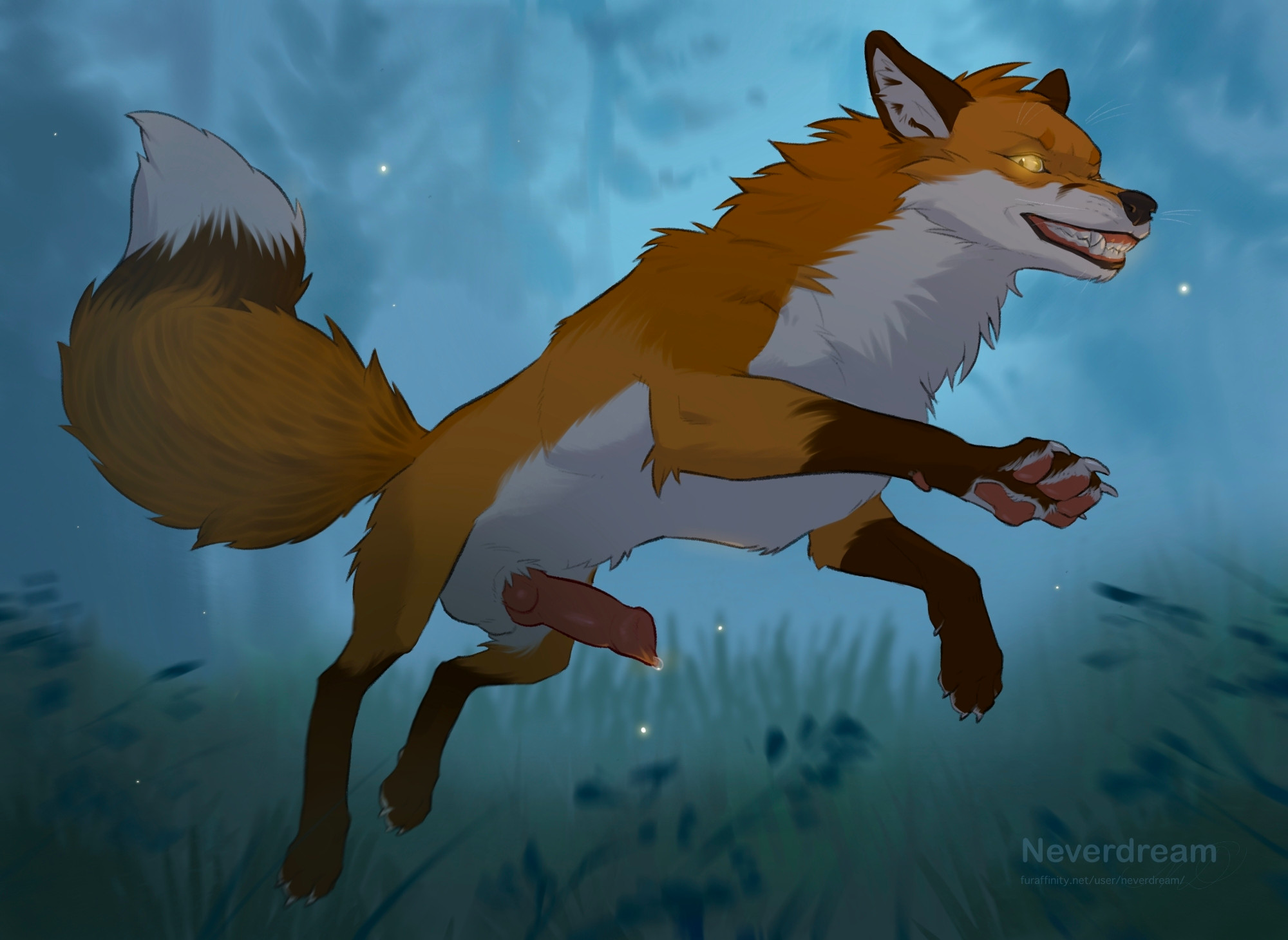 Feral art of me as a red werefox running through a plain of grass with a sinister grin in my face.