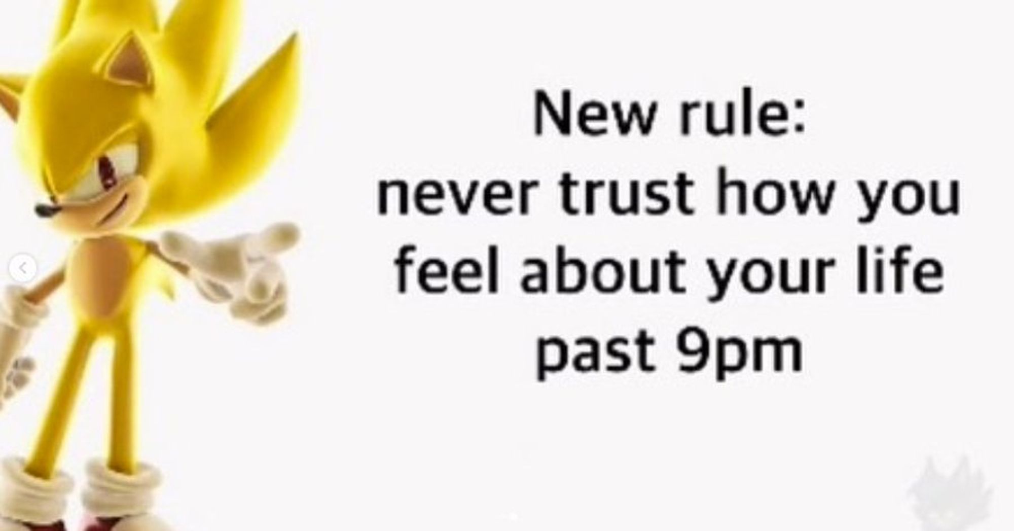 Sonic meme that says "New rule: never trust how you feel about your life past 9pm"