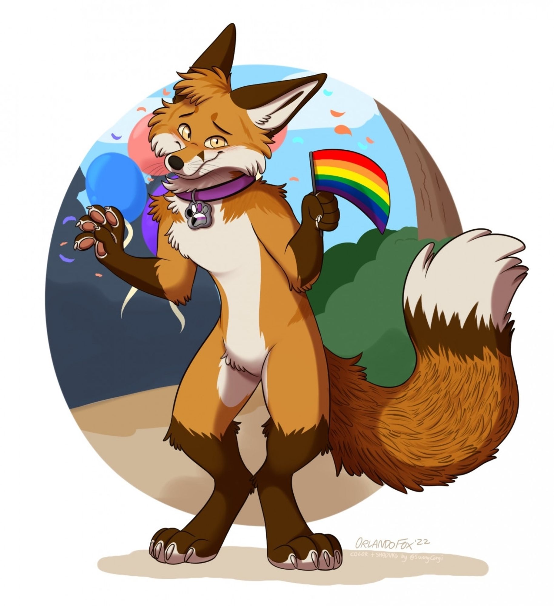 Furry art of me as an anthro fox waving shyingly at the viewer with a pride rainbow flag in the other hand.