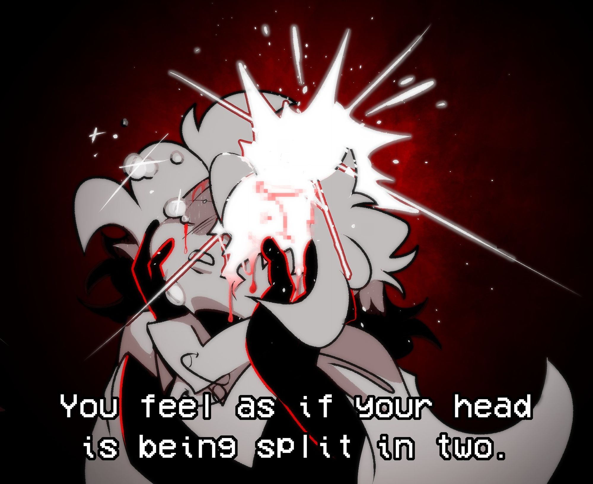 Siffrin's head is being split open from his left eye, light with red accents breaking out, and a mosaiced red eye trying to peek through. He is looking upward, holding their face and crying. Text saying "You feel as if your head is being split in two." is displayed in front of him.