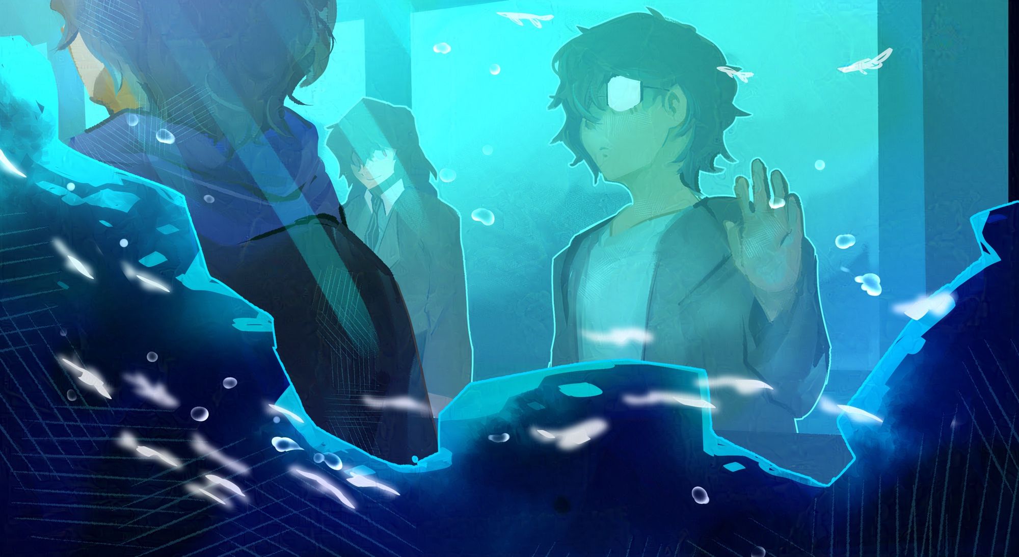 Persona 5 protagonist and Goro Akechi together at an aquarium. The protag is looking through the glass at an imaginary figure of himself in the future.