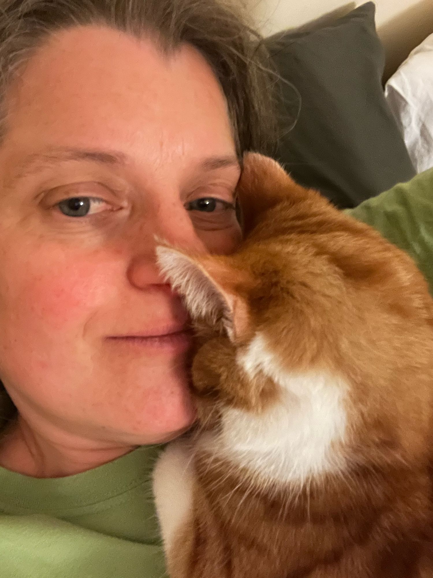 Selfie of tired woman with a ginger and white cat pressing his face into her chin. His name is Broccoli, aka Brockle Sprout, aka The Vegetable.