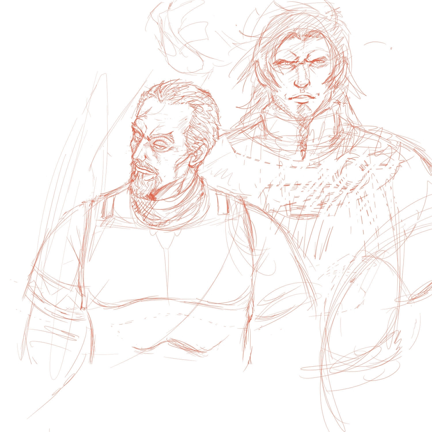 Rough fan art sketch of the characters Askeladd and Bjorn from Vinland Saga.