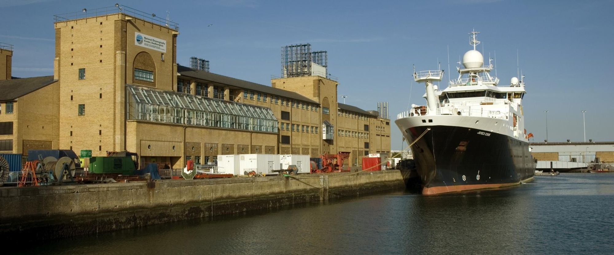 A picture of the RRS James Cook docked outside NOCS