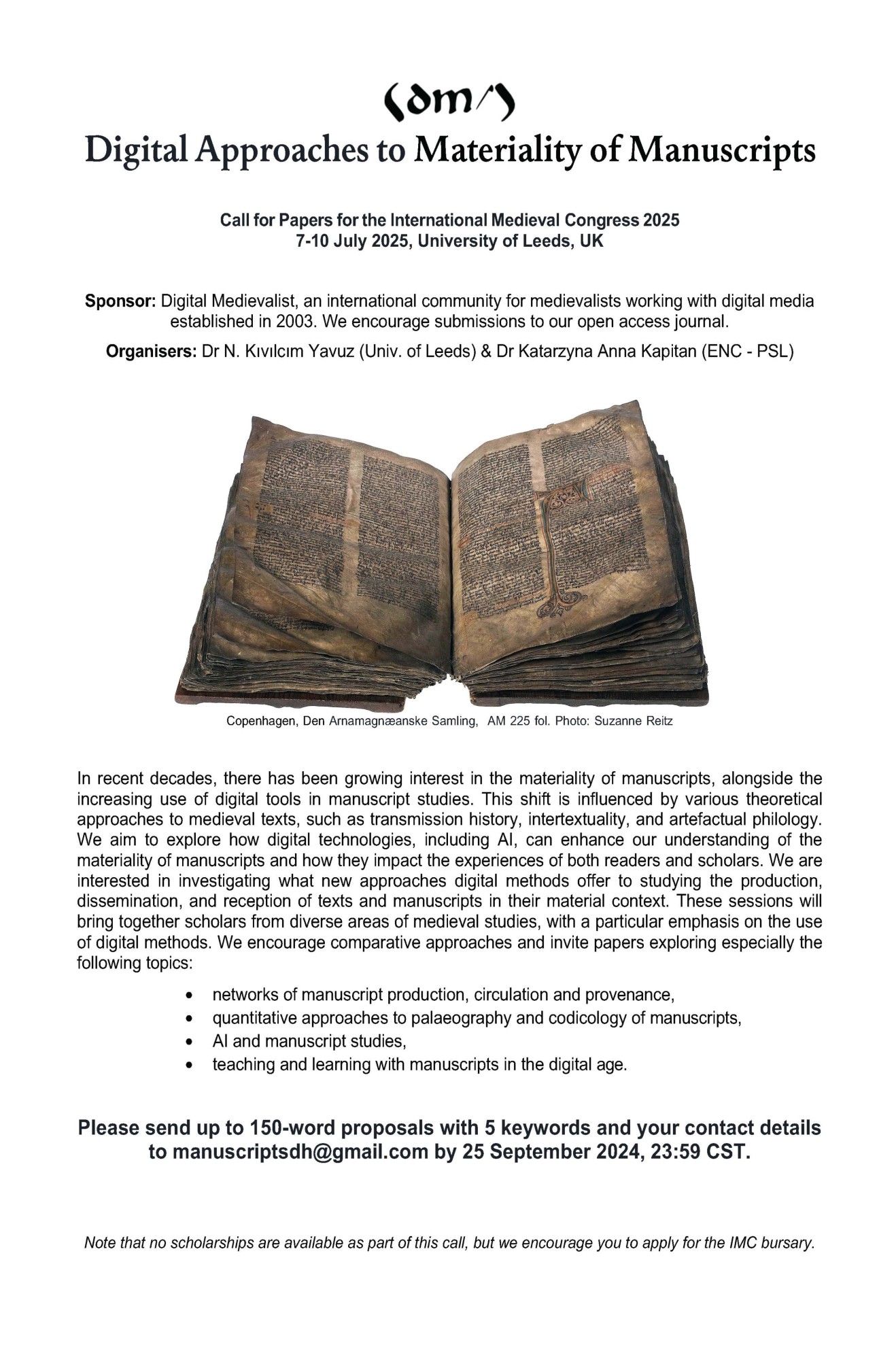 Document announcing a Call for Papers for a session sponsored by Digital Medievalist 'Digital Approaches to Materiality of Manuscripts' at the International Medieval Congress, scheduled for 7-10 July 2025 at the University of Leeds, UK. The call invites proposals on digital approaches to the materiality of manuscripts. The document includes details about the sponsor and provides contact information for submissions. The accompanying photograph shows two open medieval manuscripts with visible text and notation.