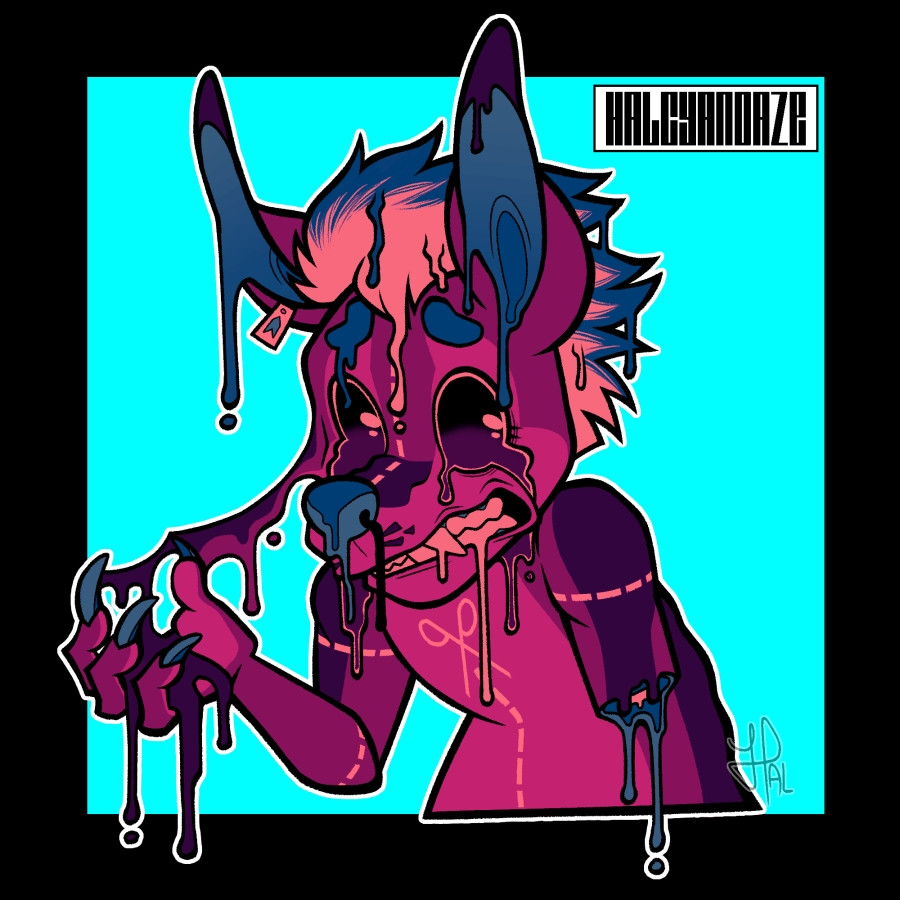 digital illustration of my anthro alien canine original character Shearz (she/her) drawn in super saturated colors, her body melting and dripping into black goo in her hands on a neon cyan background 

(HAL🎨)