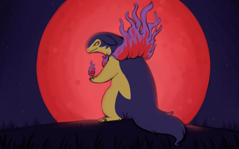 a drawing of Hisuian Typhlosion from Pokemon in front of a large red moon