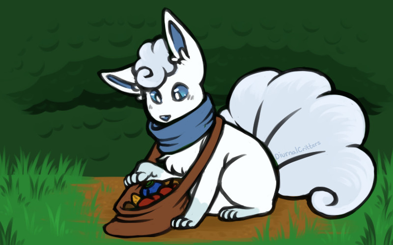 A drawing of a Mystery Dungeon style Alolan Vulpix from Pokemon inspecting a bag full of various foods