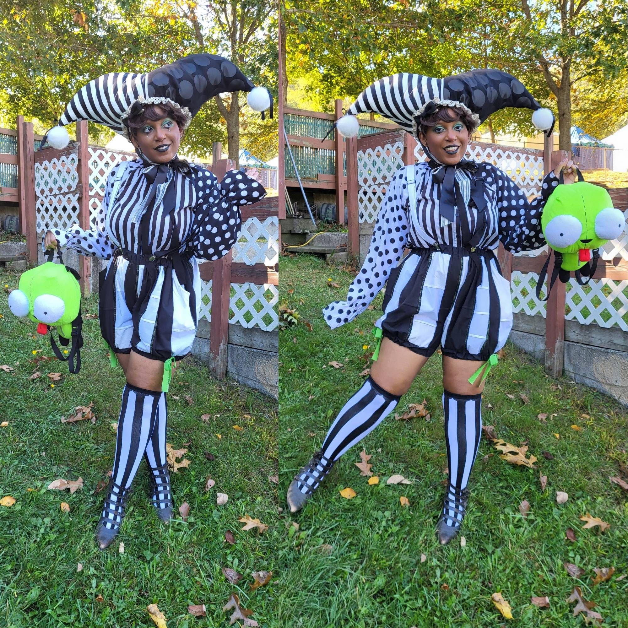 Collage of Milkcircus wearing a black & white striped jester outfit consisting of striped pumpkin pants, striped socks, dotted blouse, and large jester hat.