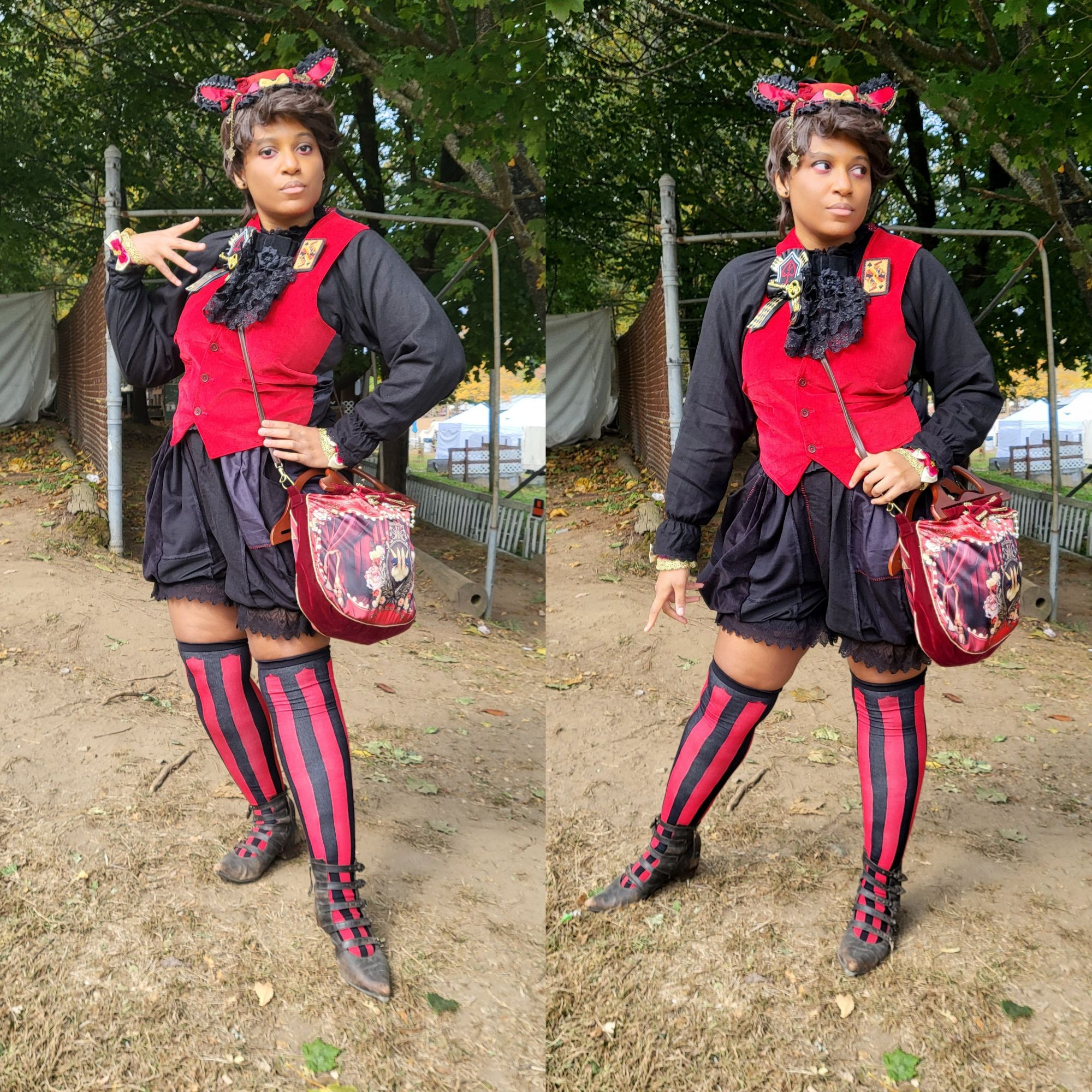 Milkcircus wearing a black blouse, red vest, black puffy pants, red & black vertical striped socks, black shoes, and a red hat with bunny ears and black lace.