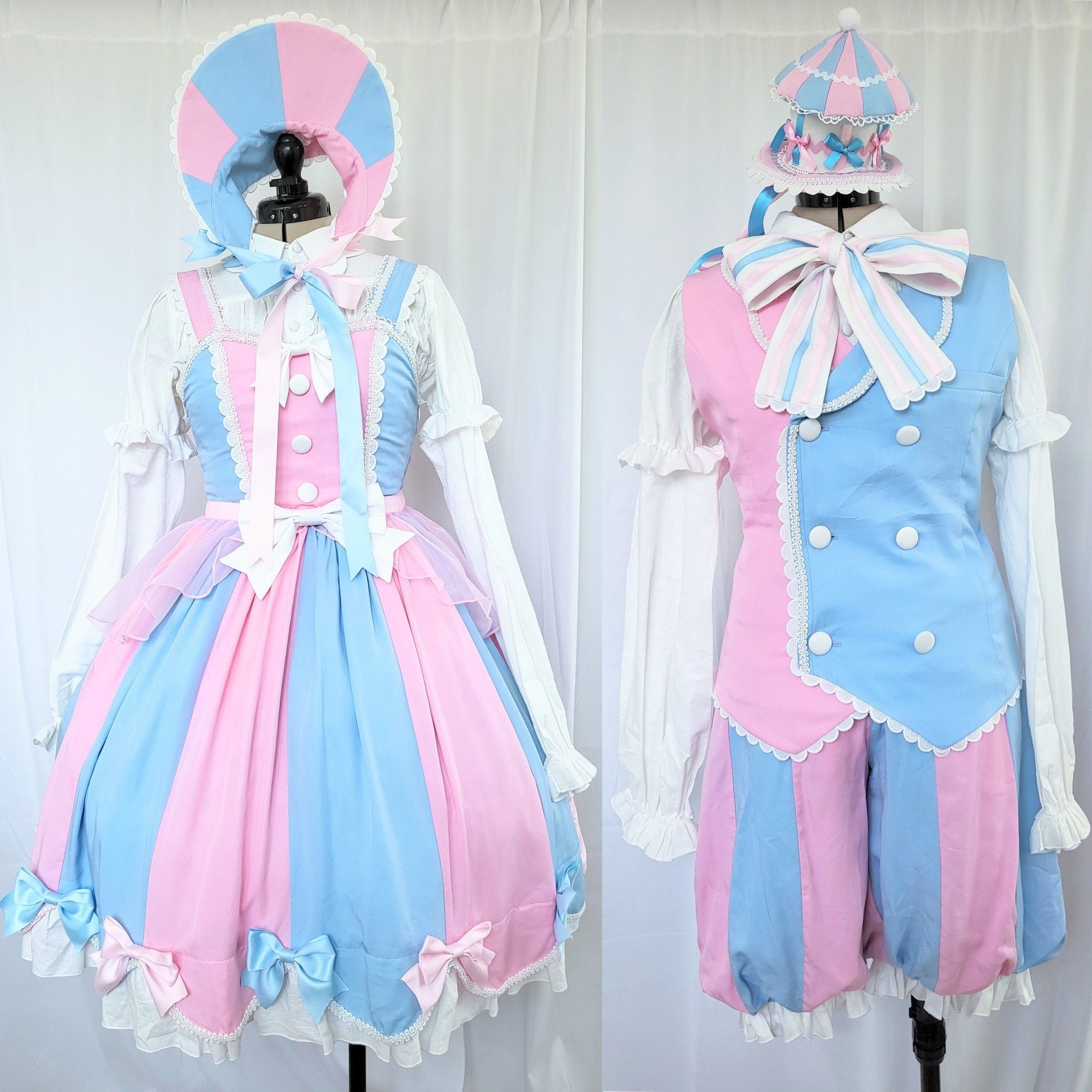 Two dressed mannequins in a collage. The left mannequin is wearing a pink & light blue alternativ color lolita dress & bonnet. The dress has alternating bows, white lace, a scalloped trim, and white circle buttons up the bodice. The right mannequin is wearing a mini hat shaped like a carousel, a pink & light blue double created vest with white circle buttons and scalloped collar, and alternating color puffy pants. Both are wearing a white scallop collar long sleeved blouse.