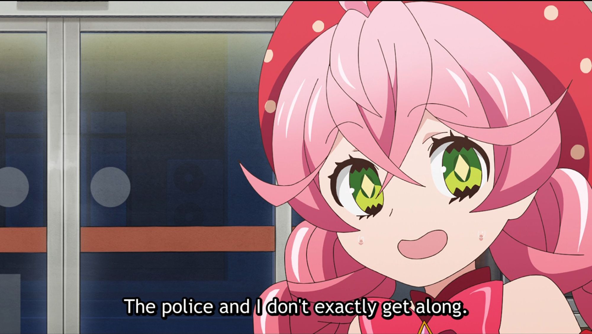 Screenshot from Acro Trip that depicts Berry Blossom, a pink-haired magical girl with a strawberry motif, sheepishly saying "The police and I don't exactly get along."