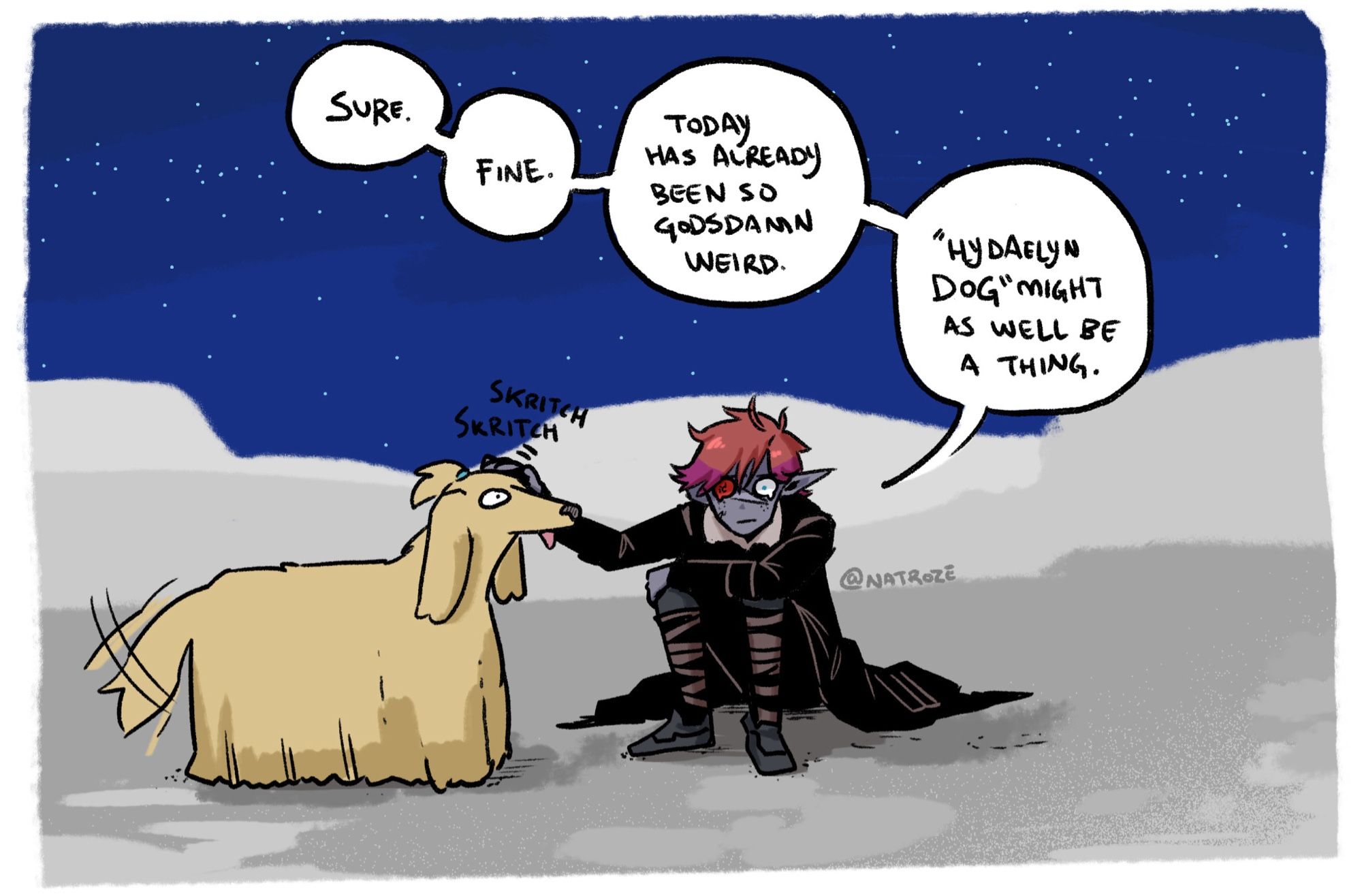 A cartoonish single-panel Final Fantasy 14 fan comic of a purple-skinned elf with red hair and black clothing, sitting in the fetal position while petting a doofy-looking yellow dog. The elf’s speech bubble contains the dialogue “Sure. Fine. Today has alread been so gods damn weird. Hydaelyn Dog might as well be a thing.”