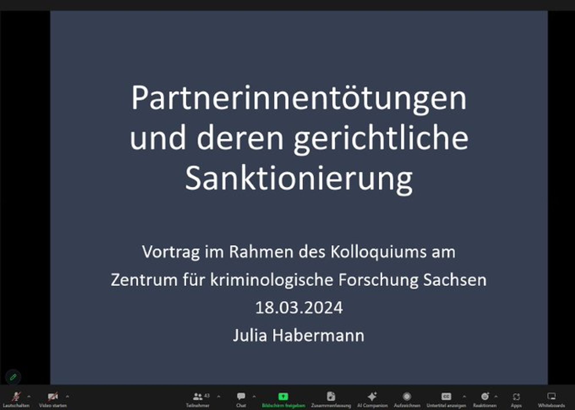 Titelfolie zum Vortrag von Julia Habermann "Partnerinnentötungen und deren gerichtliche Sanktionierung"