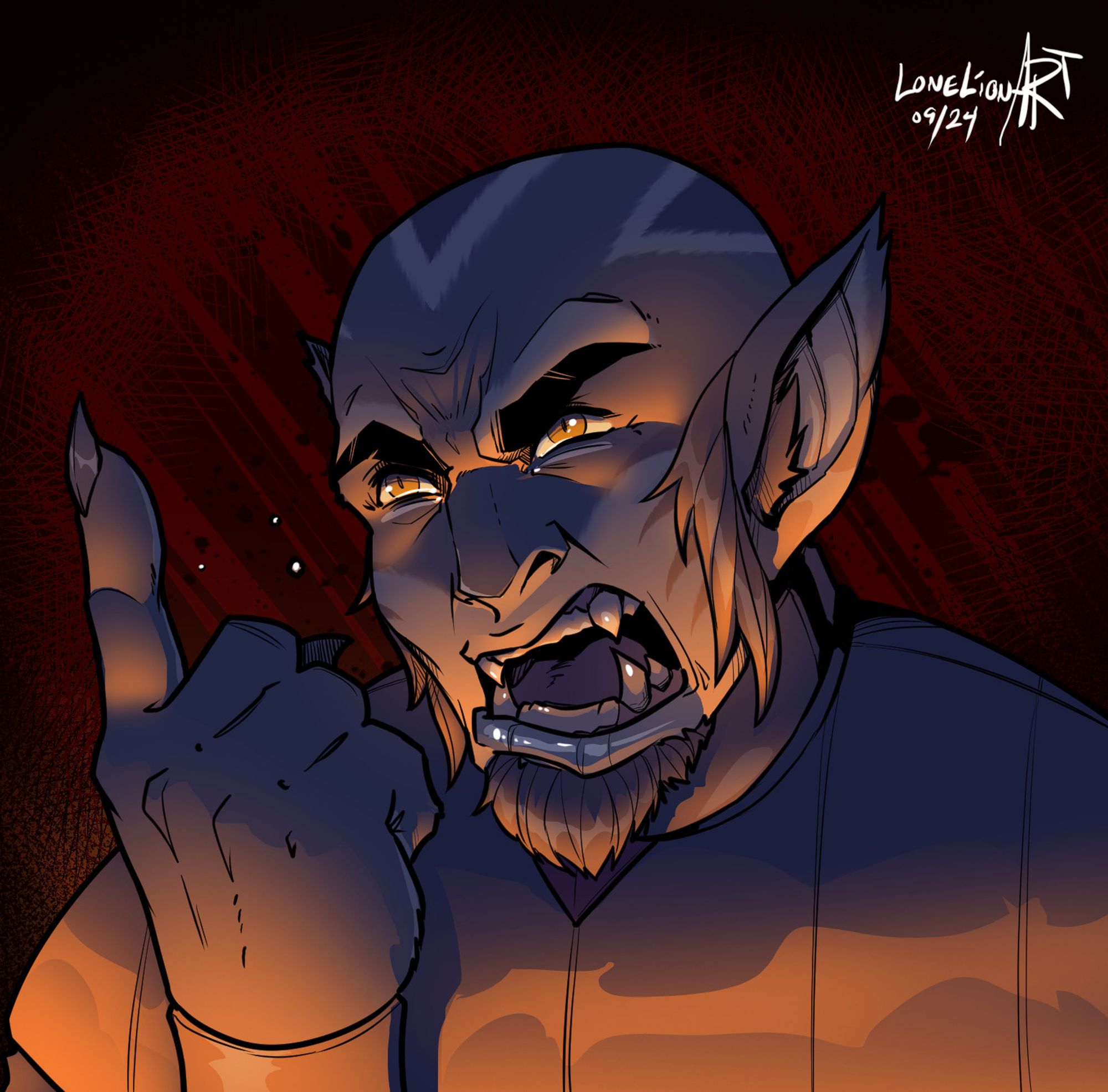 Male cathar pointing an index finger up in response to barking orders at his crew. Scene is with a dark crimson red background with splatter textures with hues of warm orange and cool blue lighting on the character.