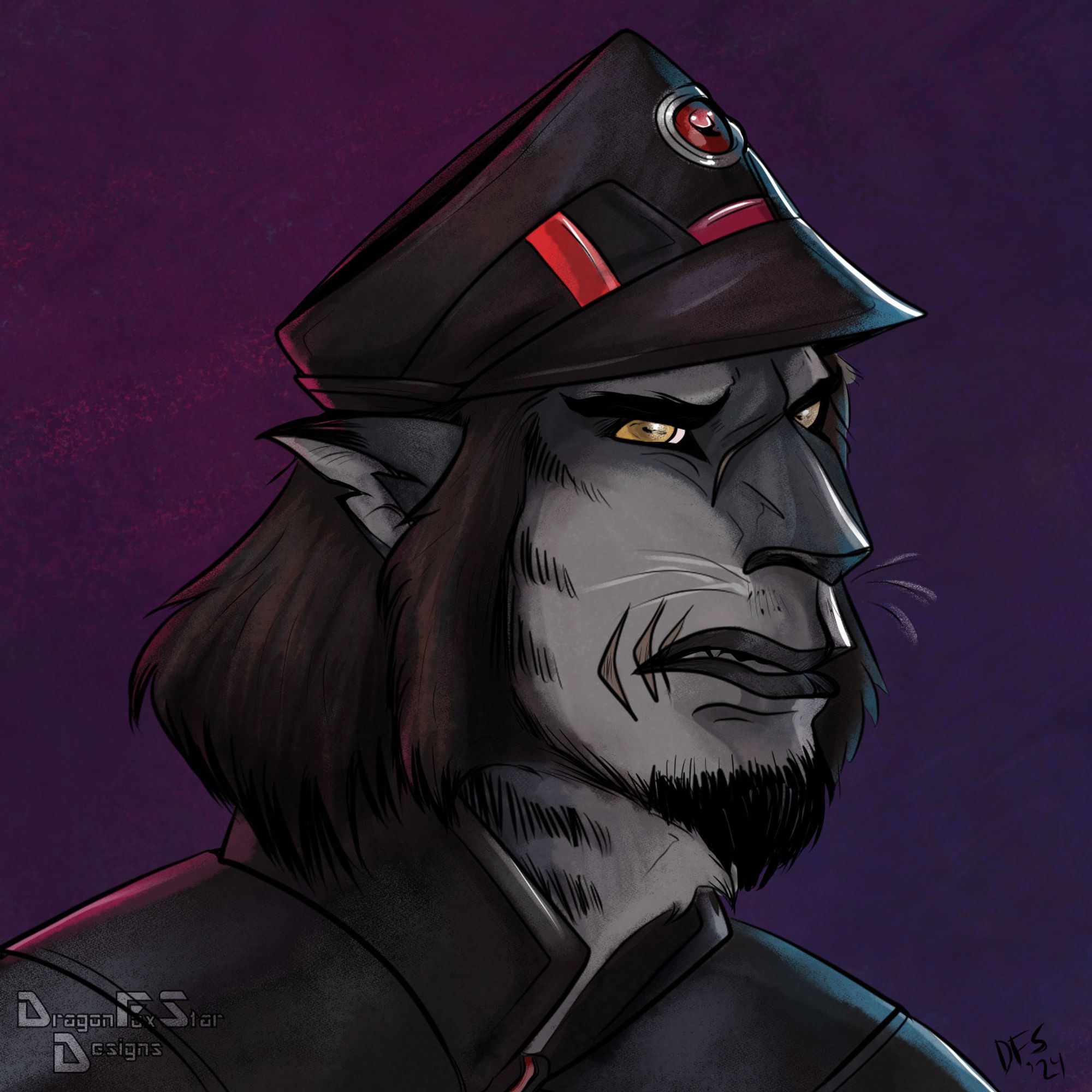 Star Wars cathar original character named Koh Ta. Has two-tone gray features with darker stripes, three scars near lower lip and a scar on the bridge of his nose between his eyes, and wearing an imperial officer cap and uniform. Has red and blue rim lighting along with piercing golden eyes.