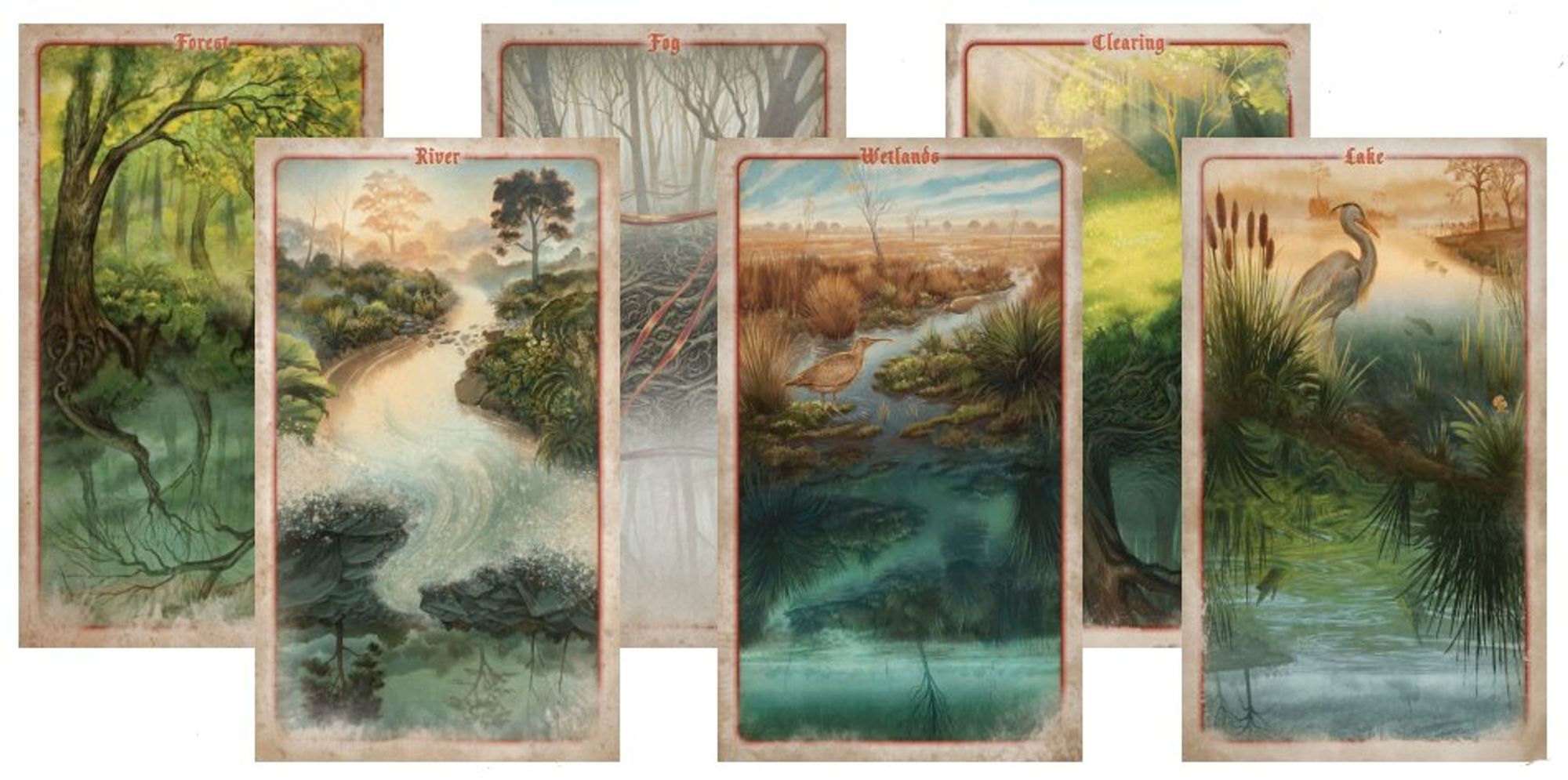 A selection of beautiful cards showcasing a variety of environments you'll traverse in your journeys, including a river, wetlands, and a clearing.