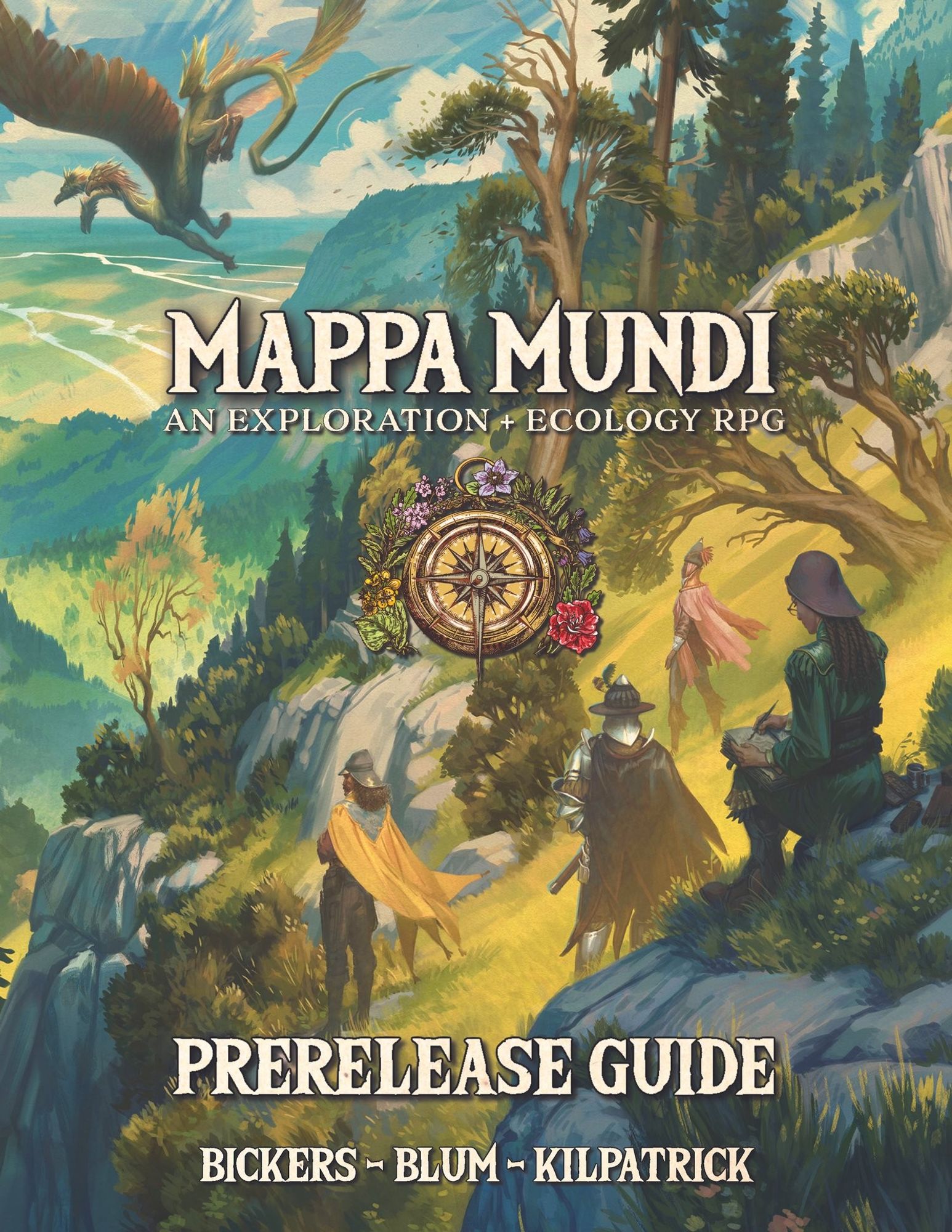 The cover of the Mappa Mundi prerelease guide, showing a group of Chroniclers on a forested cliff's edge observing a giant three-headed dragon flying in the skies above.