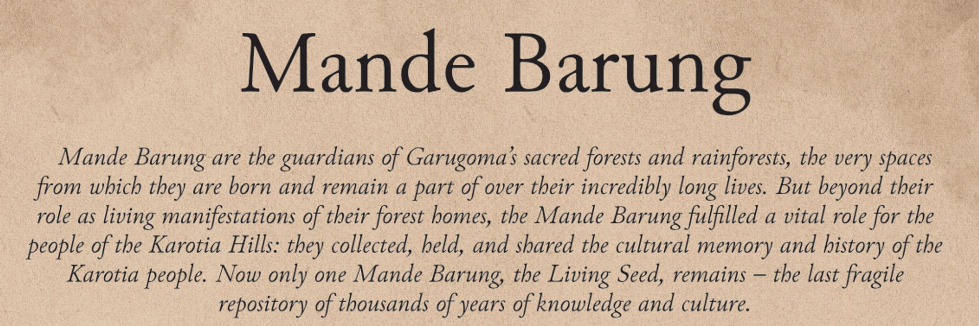 A description of the Mande Barung: "Mande Barung are the guardians of Garugoma’s sacred forests and rainforests, the very spaces from which they are born and remain a part of over their incredibly long lives. But beyond their role as living manifestations of their forest homes, the Mande Barung fulfilled a vital role for the people of the Karotia Hills: they collected, held, and shared the cultural memory and history of the Karotia people. Now only one Mande Barung, the Living Seed, remains -- the last fragile repository of thousands of years of knowledge and culture."