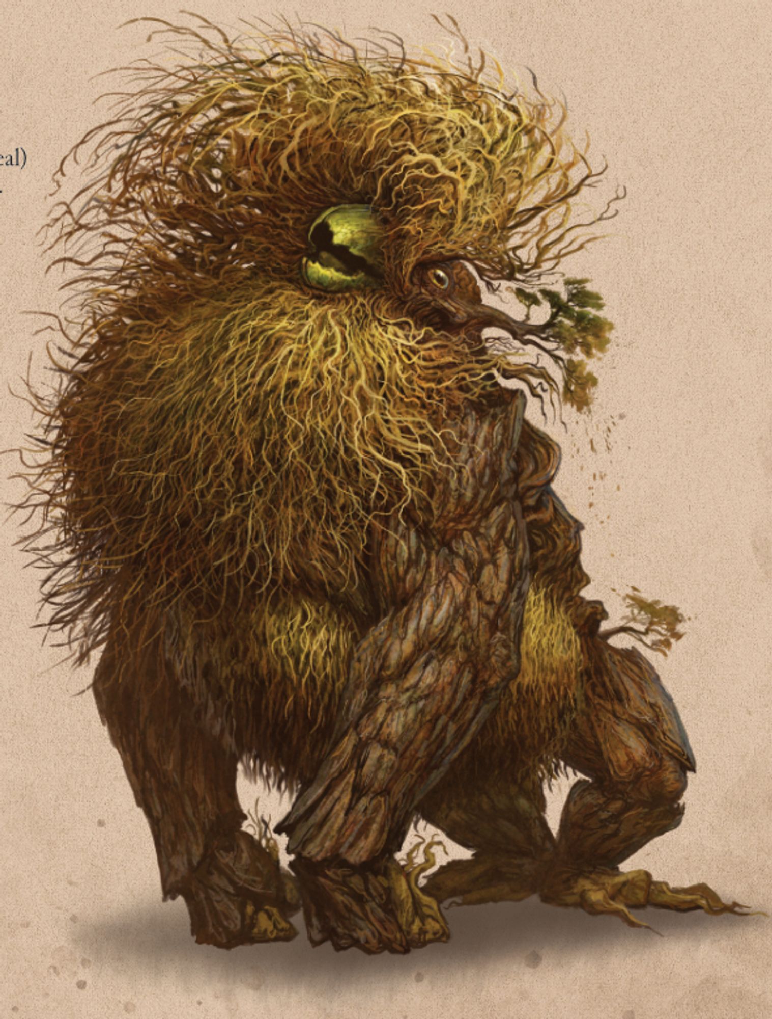 An image of the Mande Barung, a vaguely simian-like Monster leaning forward on its forelegs, but with skin made of bark, a huge beard made of tree roots, and a tiny plant beak in the middle of those roots. Small trees adorn its back, giving it the air of a majestic forest beast.