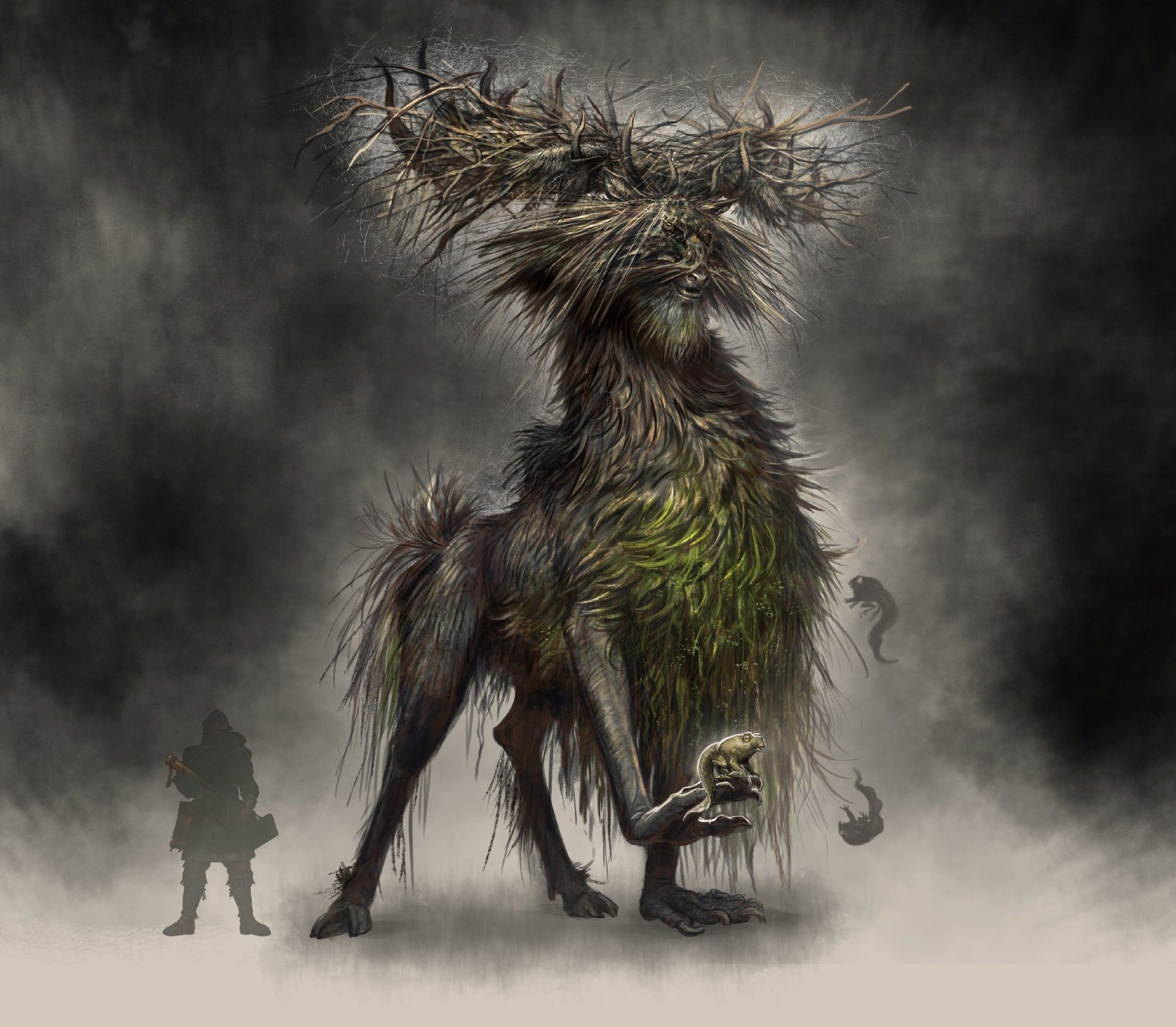 A stag-like figure with massive horns and a leaf-adorned body holds a small tadpole attendant. He towers over the silhouette of a nearby person and exudes a dark fey presence.