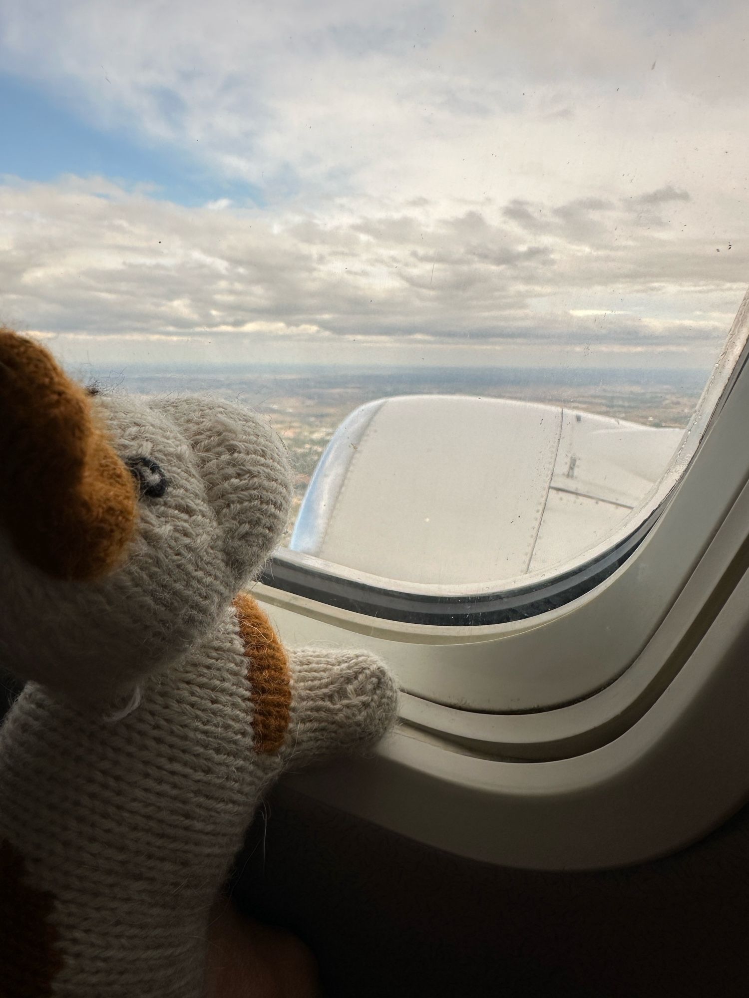 A small knit plush dog toy looks out the window of a plane at a cloudy sky and the landscape below