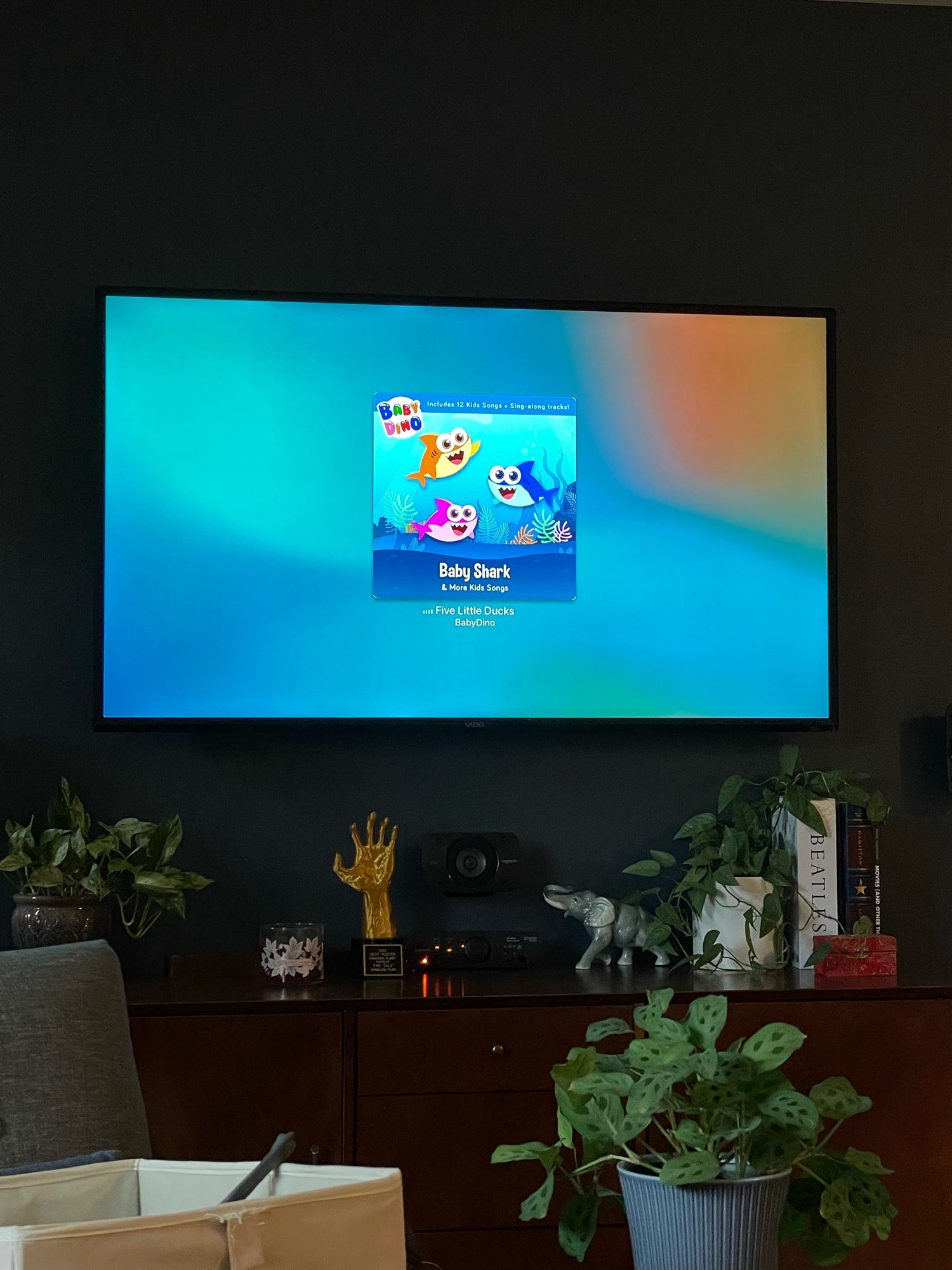 A picture of the Baby Shark album on screen as a song plays on an Apple TV