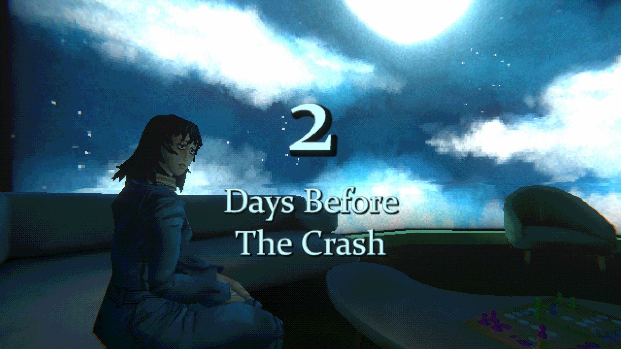 Screenshot aus dem Spiel Mouthwashing:
Blick auf eine Lounge in einem Raumschiff, einem Sofa, auf dem eine Frau sitzt und einem riesigen künstlichen Nachthimmel im Hintergrund. Im Vordergrund steht: "2 Days Before The Crash"