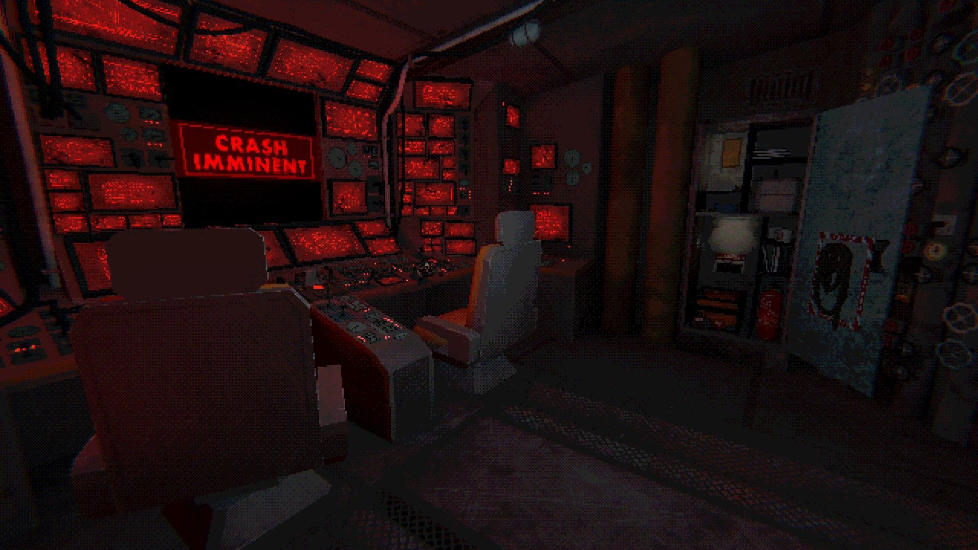 Screenshot aus dem Spiel Mouthwashing:
Blick auf ein Cockpit mit diversen Monitoren, auf denen rot leuchtend "CRASH IMMINENT" steht